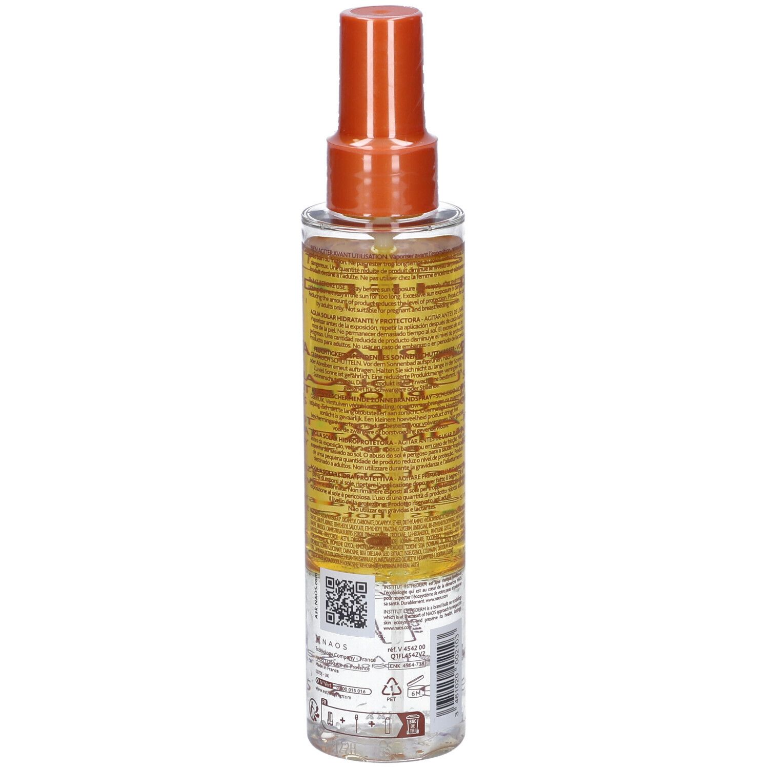 Flacone spray di crema solare. Contenitore trasparente con erogatore arancione. Etichetta con testo e codice QR.