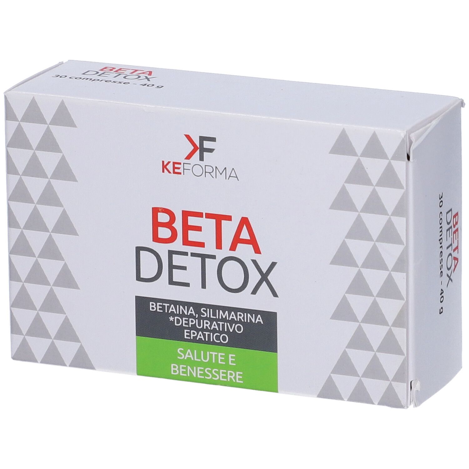 Scatola bianca con scritta 'BETA DETOX'. Contiene 'Betaina, Silimarina'. 30 compresse, 40g. Confezione verde e bianca.