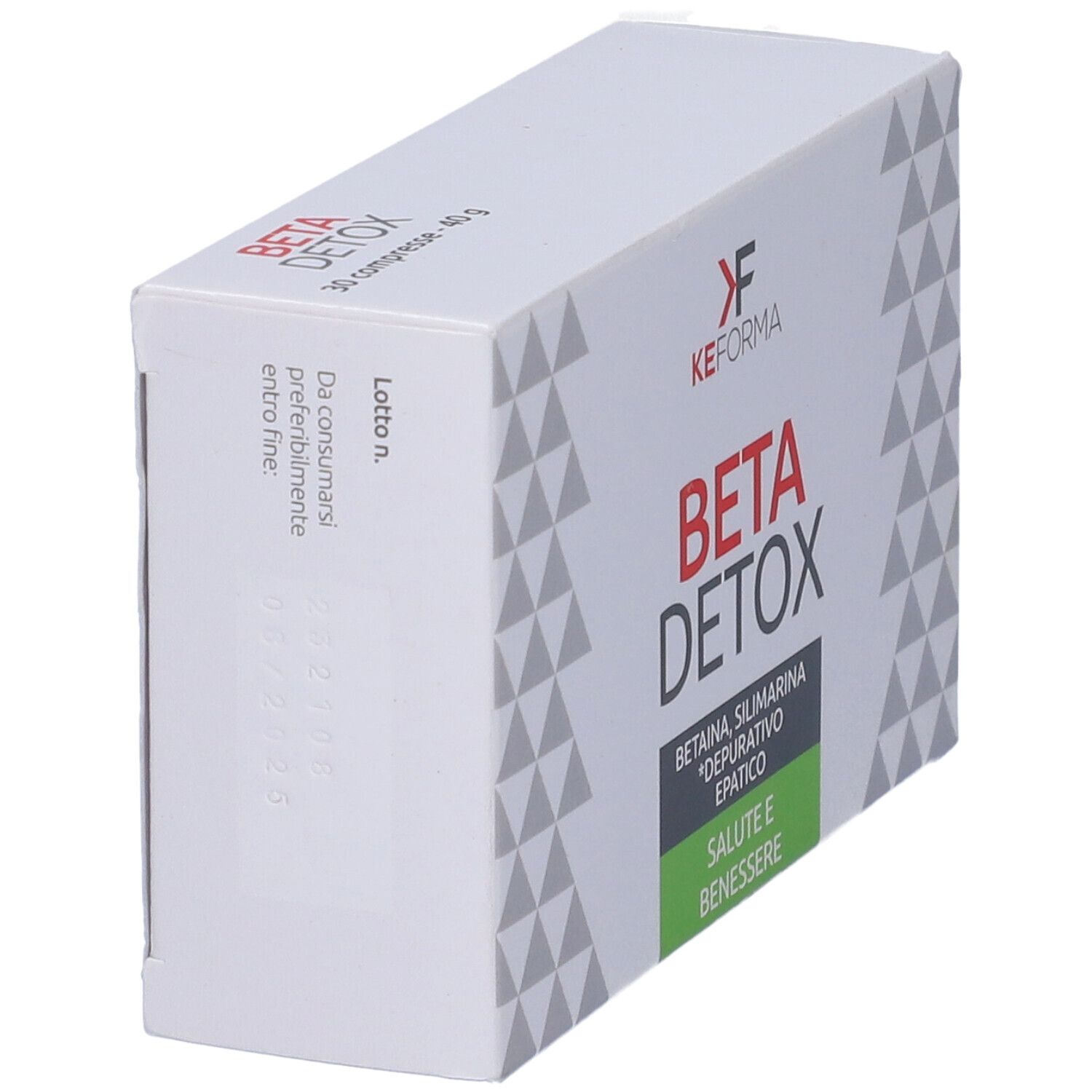 Scatola bianca con scritta 'BETA DETOX'. Contiene 'Betaina, Silimarina'. 30 compresse, 40g. Vista laterale della confezione.