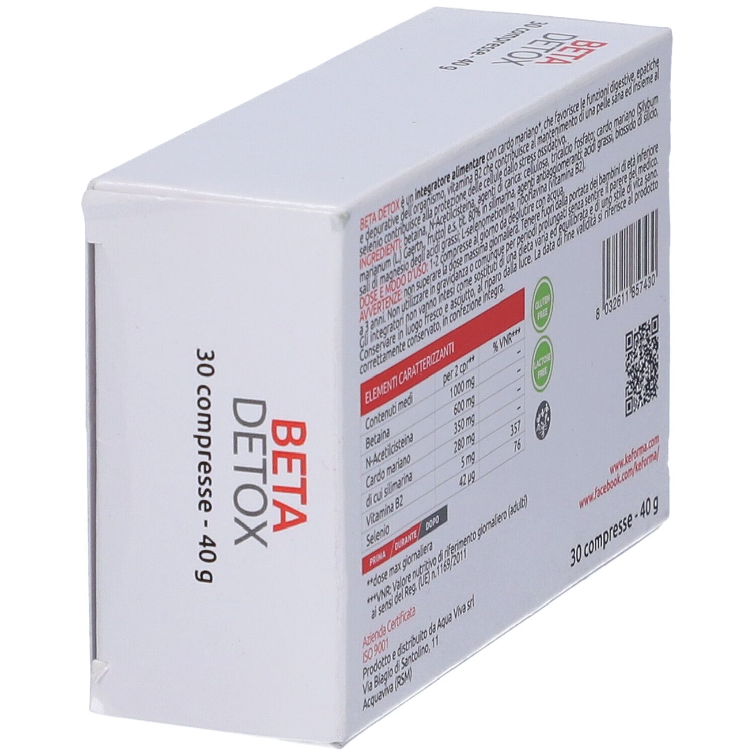 Vista obliqua della scatola 'BETA DETOX'. Contiene ingredienti e informazioni nutrizionali. 30 compresse, 40g.
