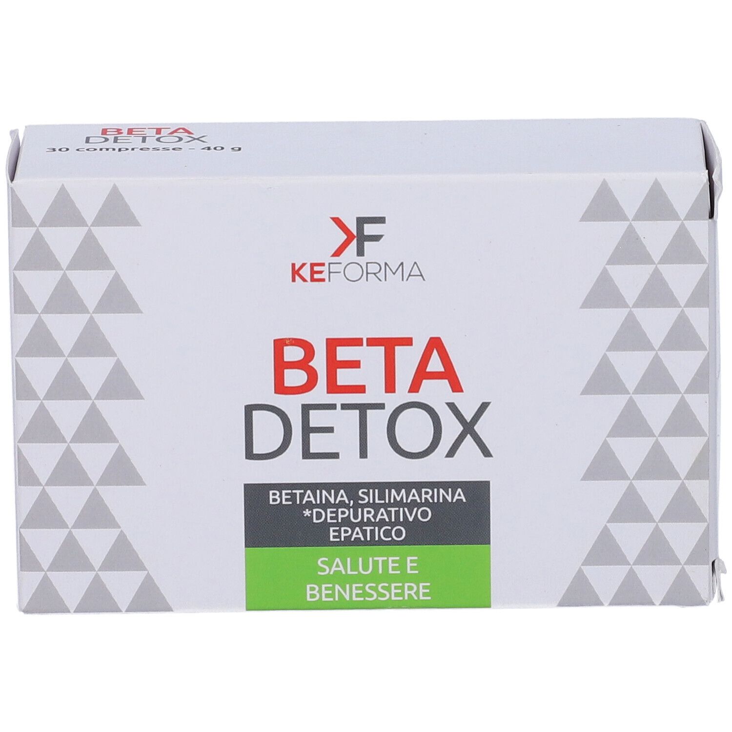 Scatola bianca con scritta 'BETA DETOX'. Contiene 'Betaina, Silimarina'. Confezione verde e bianca con motivi triangolari.