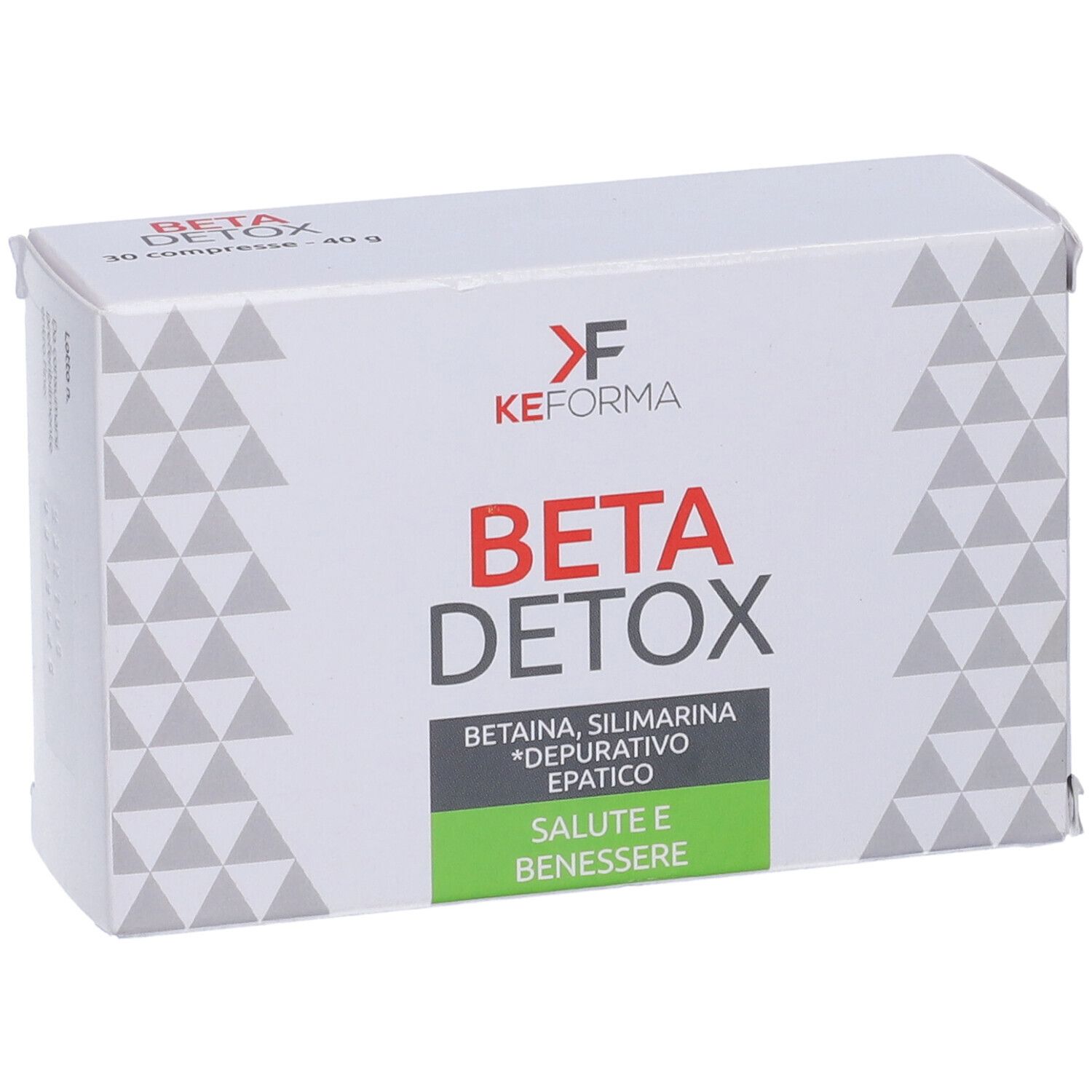Scatola bianca con scritta 'BETA DETOX'. Contiene 'Betaina, Silimarina'. Confezione verde e bianca con motivi triangolari.
