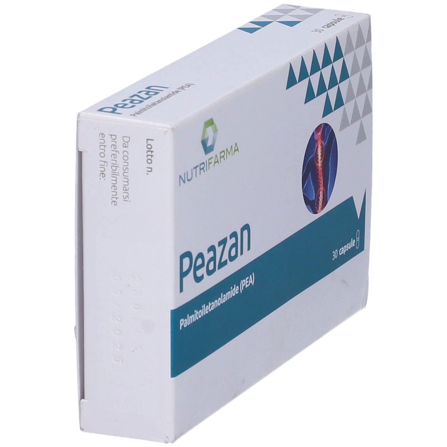 Scatola bianca con logo Peazan e 30 capsule. Contiene un'illustrazione del sistema nervoso. Vista laterale.