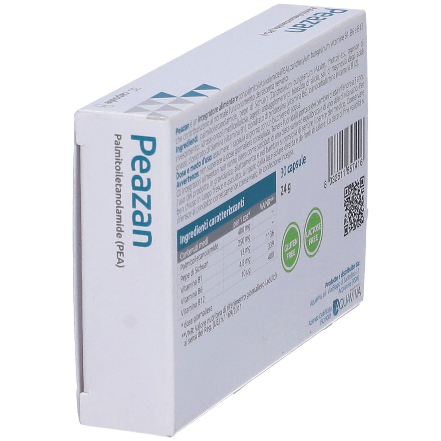 Vista laterale della scatola Peazan con ingredienti, informazioni nutrizionali e certificazioni. 30 capsule.