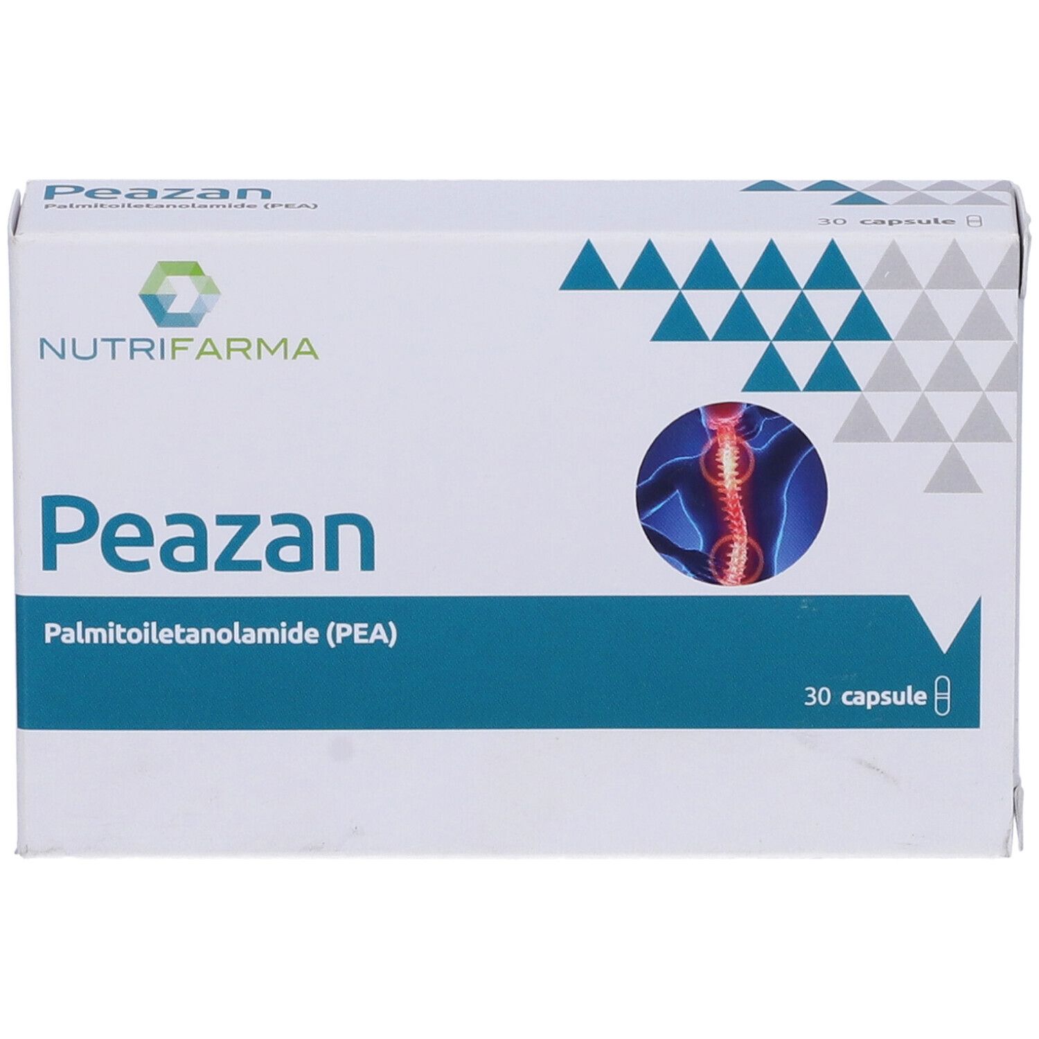 Scatola bianca con logo Peazan e 30 capsule. Contiene un'illustrazione del sistema nervoso.