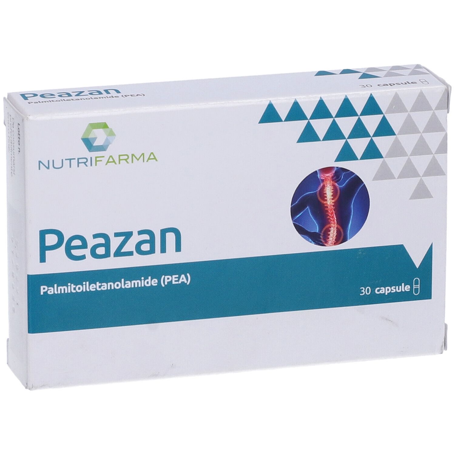 Scatola bianca con logo Peazan e 30 capsule. Contiene un'illustrazione del sistema nervoso.