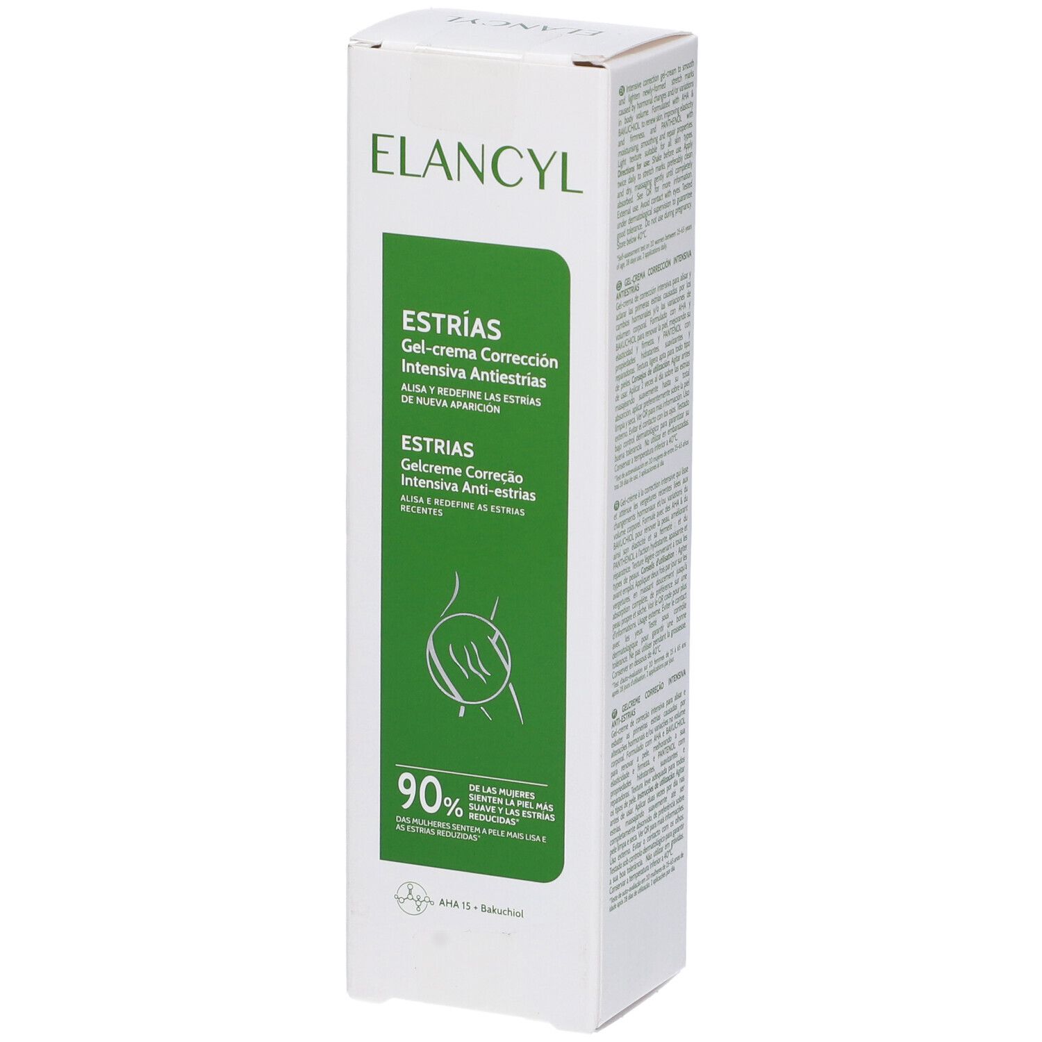 Confezione Elancyl. Scatola bianca con informazioni sul prodotto. Scritta: Estrias. Illustrazione di una zona addominale.