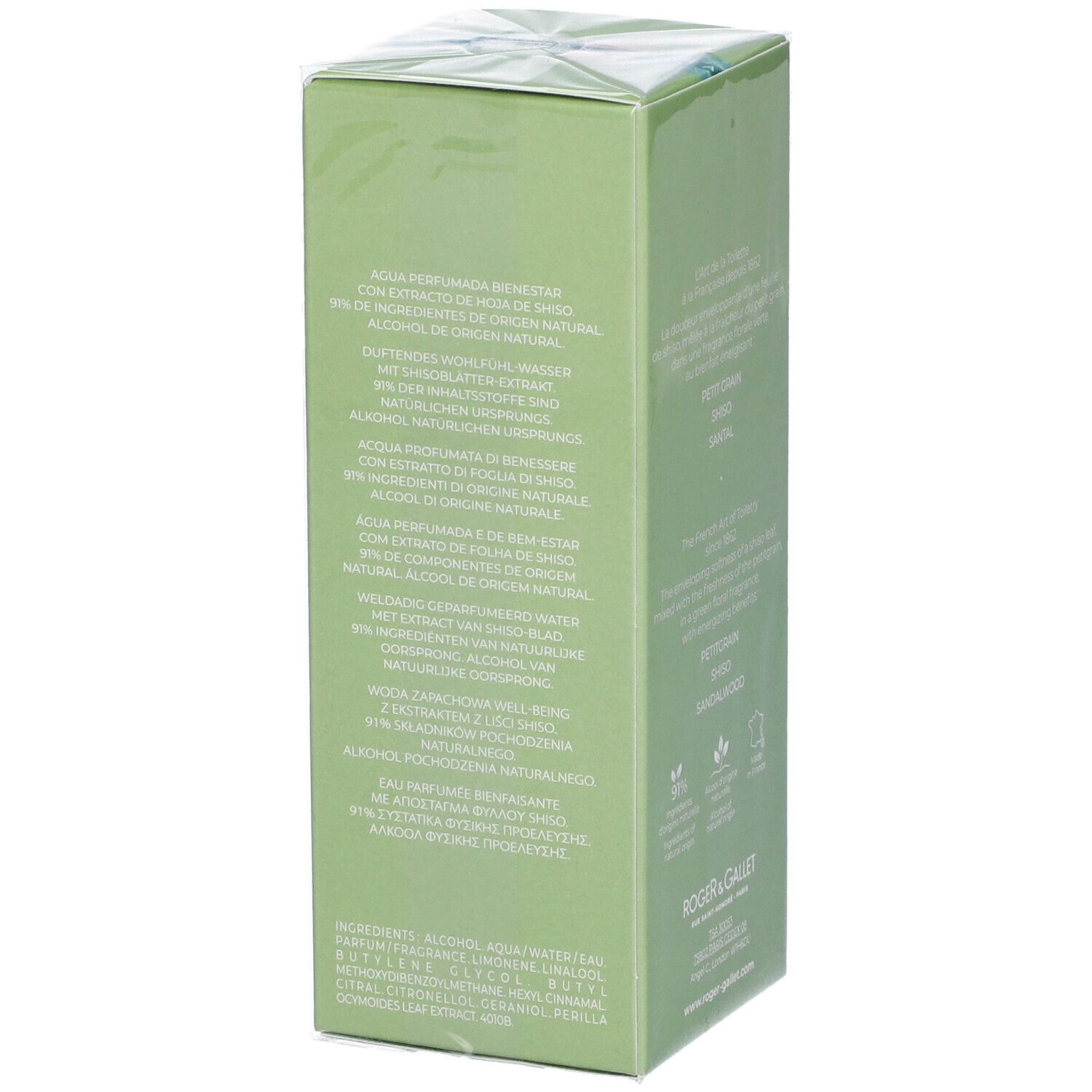 Retro della scatola verde. Testo multilingue. Logo Roger & Gallet. Informazioni sugli ingredienti e l'origine.