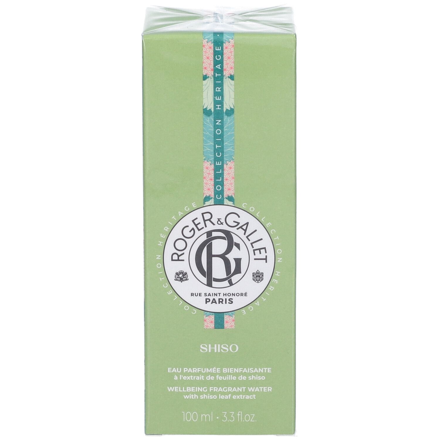 Scatola verde con informazioni sul prodotto. Logo Roger & Gallet e nome Shiso. Testo in inglese e francese. 100 ml.