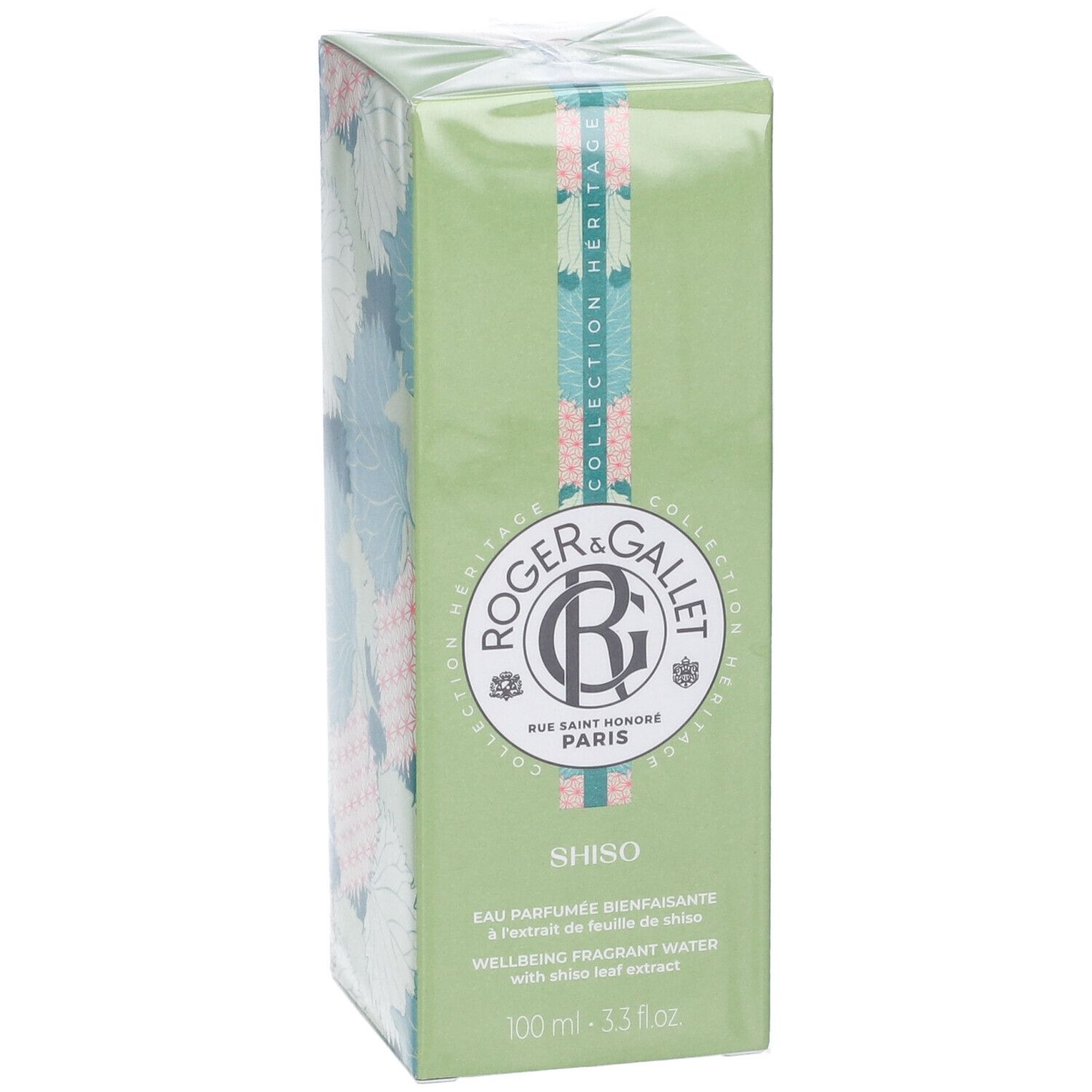 Scatola verde con informazioni sul prodotto. Logo Roger & Gallet e nome Shiso. Testo in inglese e francese. 100 ml.