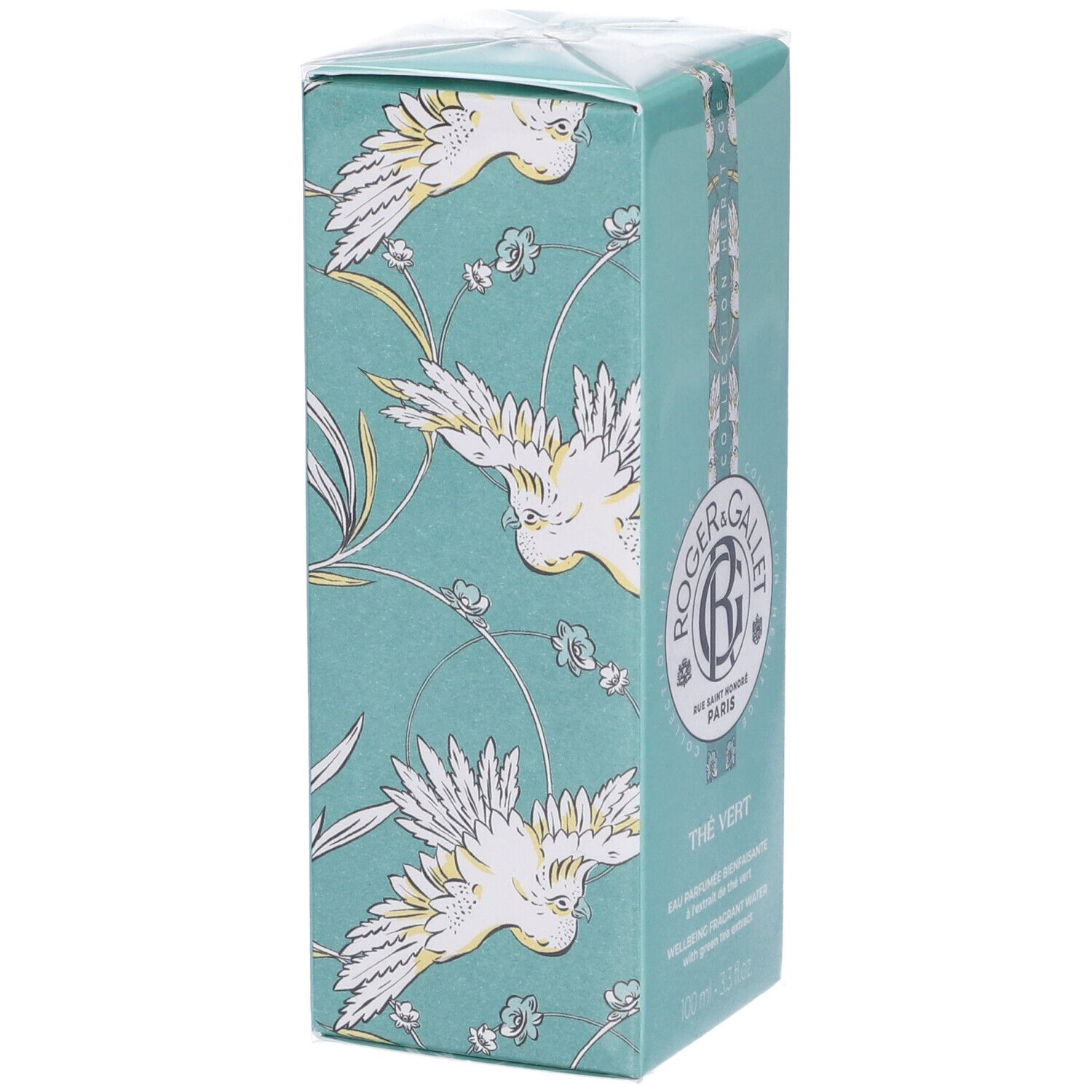 Scatola turchese con motivo di uccelli. Logo Roger & Gallet, testo Thé Vert. Confezione con motivo floreale.