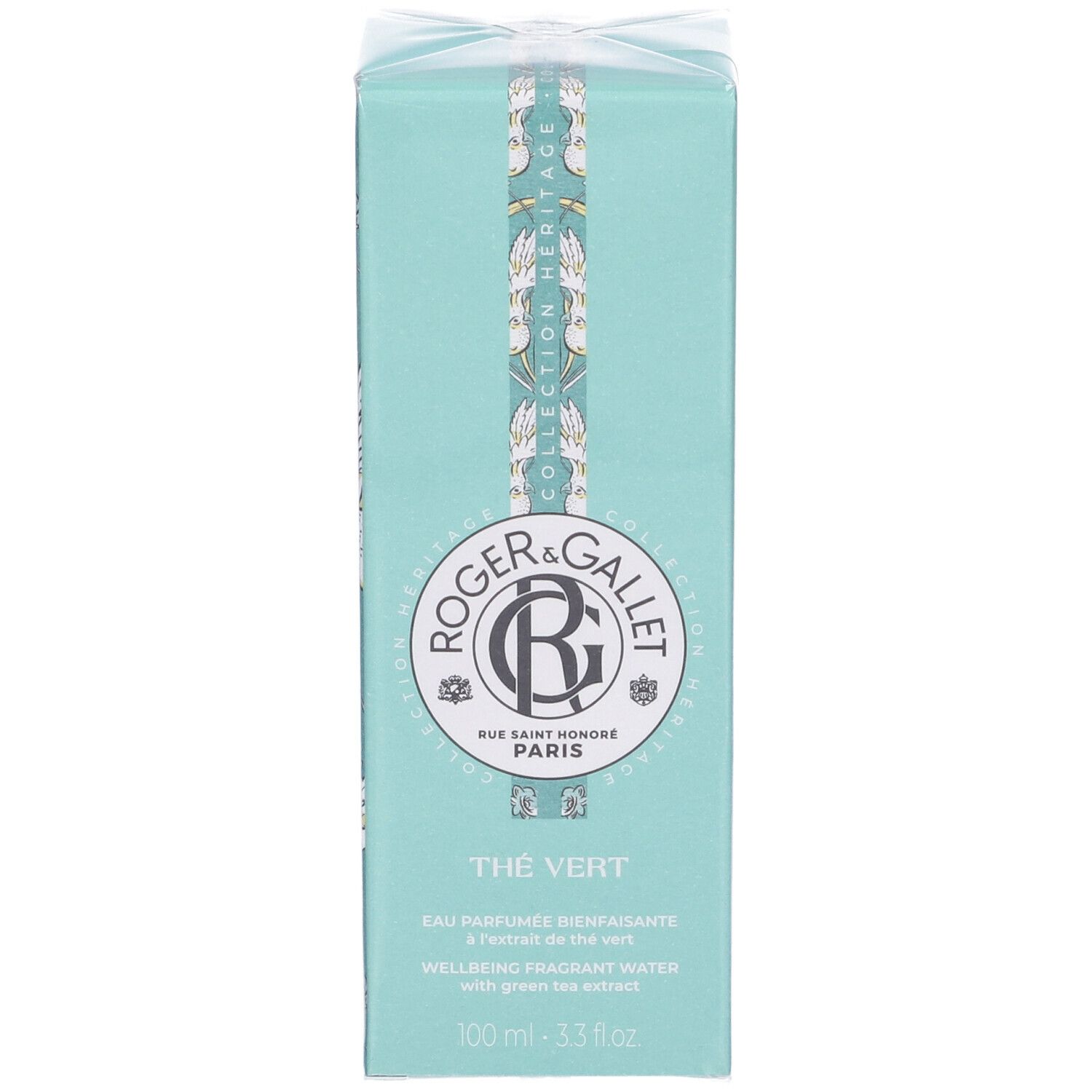 Scatola turchese. Logo Roger & Gallet, testo Thé Vert, Eau Parfumée. Informazioni e ingredienti. 100 ml.