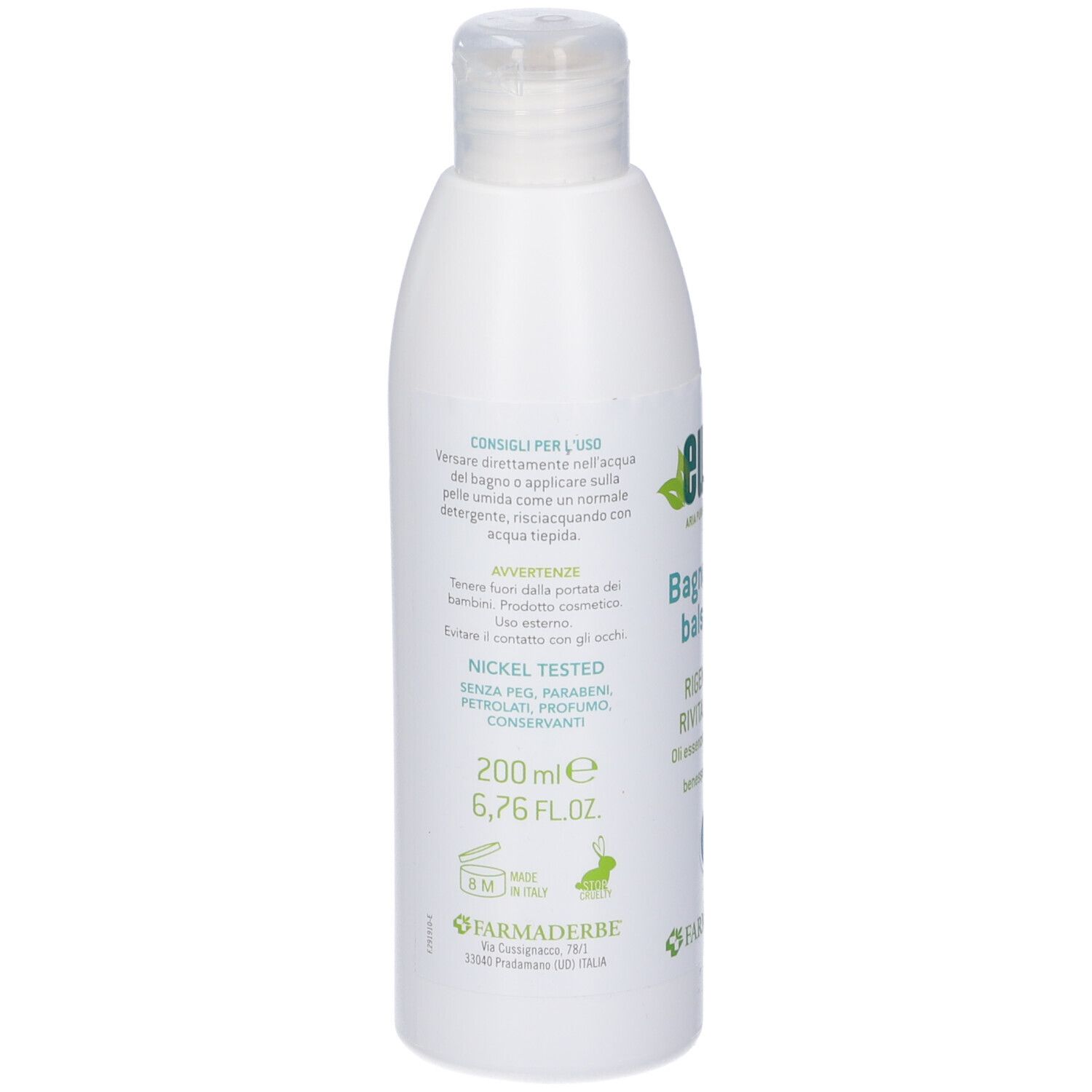Retro del flacone bianco. Testo: Istruzioni per l'uso, avvertenze, Nickel Tested, 200 ml, Farmaderbe.