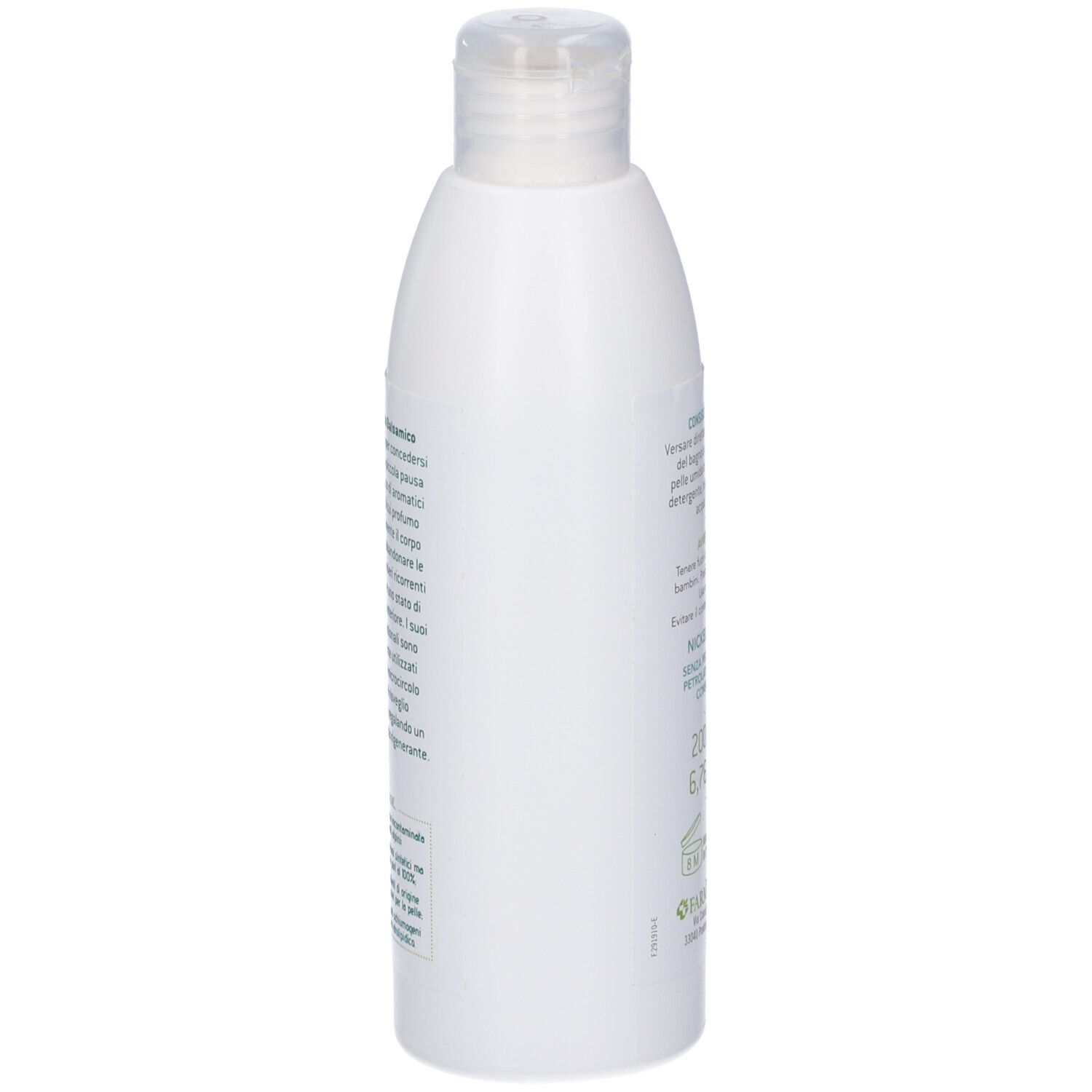Retro del flacone bianco. Testo: Istruzioni per l'uso, avvertenze, Nickel Tested, 200 ml, Farmaderbe.