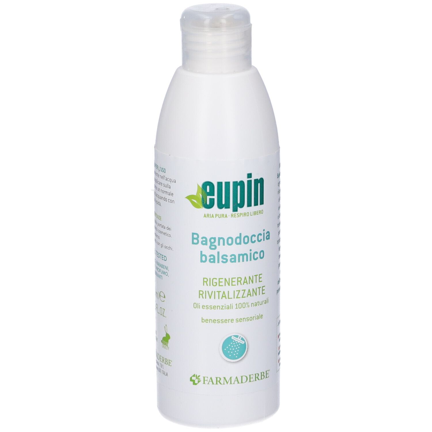 Flacone bianco con stampa del prodotto. Scritta: Eupin, Bagno Doccia balsamico, Rinvigorente, 100% oli essenziali naturali.