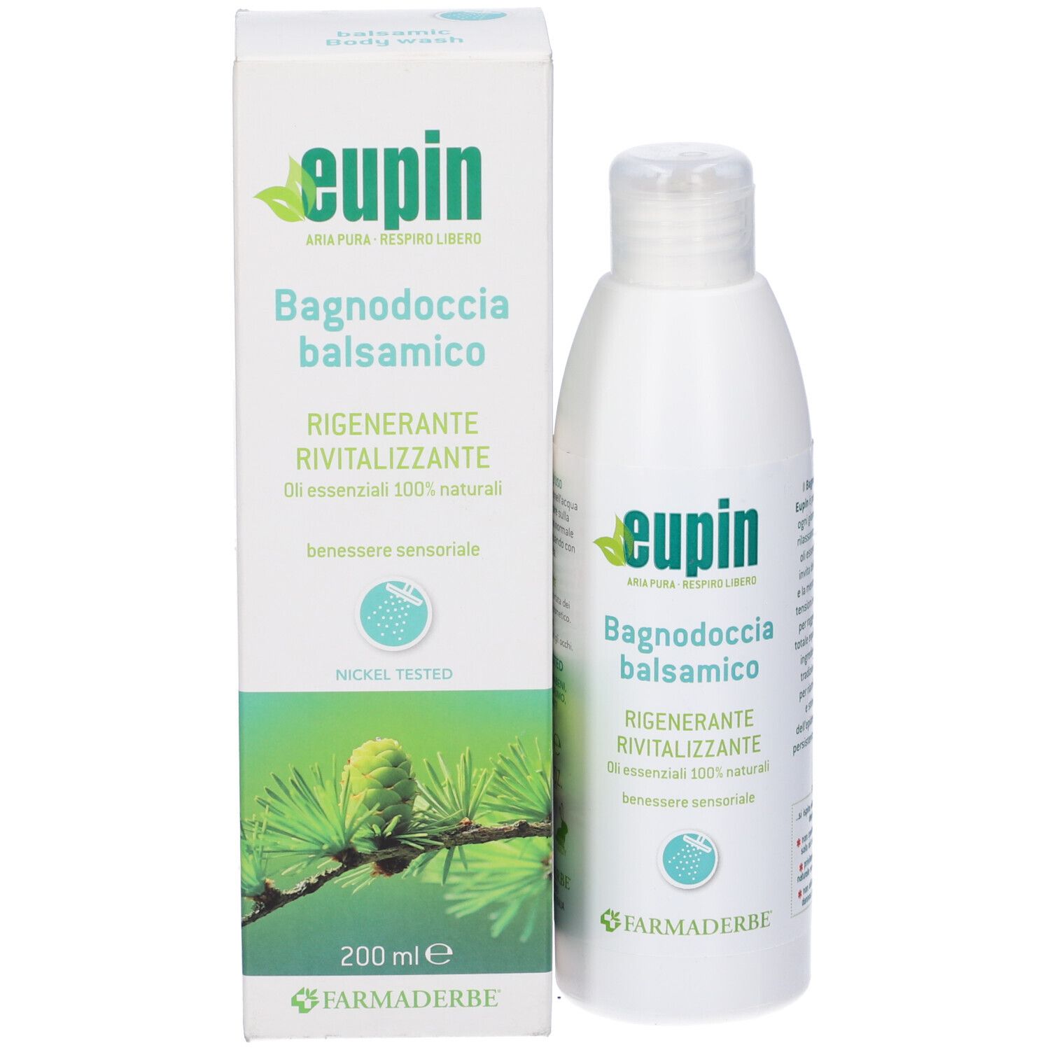 Flacone e scatola bianchi con stampa del prodotto. Scritta: Eupin, Bagno Doccia balsamico, 200 ml. Nickel Tested.