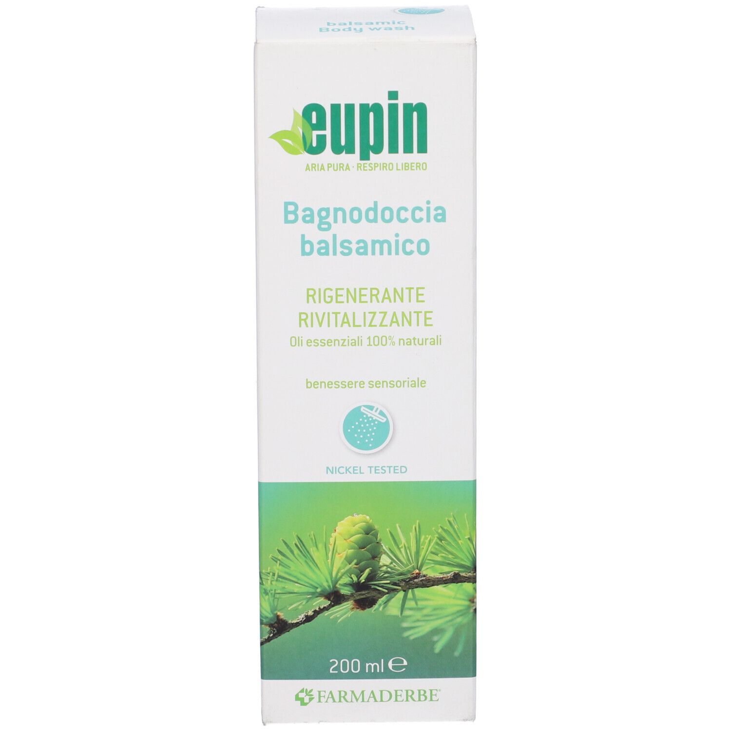 Scatola con stampa del prodotto. Scritta: Eupin, Bagno Doccia balsamico, 200 ml. Nickel Tested.