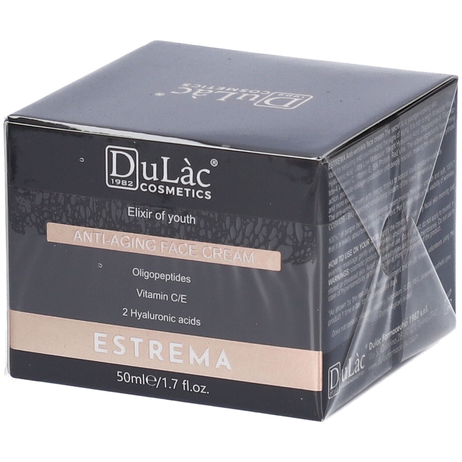 Confezione nera Dulac Farmaceutici. Scritta: Crema viso anti-età, Oligopeptidi, Vitamina C/E, 2 ac. ialuronici. 50ml/1.7 fl.oz.