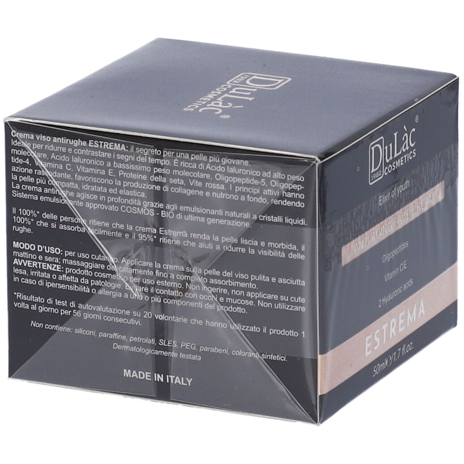 Confezione nera Dulac Farmaceutici. Testo: Crema viso antirughe Estrema. Ingredienti e istruzioni per l'uso. Made in Italy. 50ml/1.7 fl.oz.