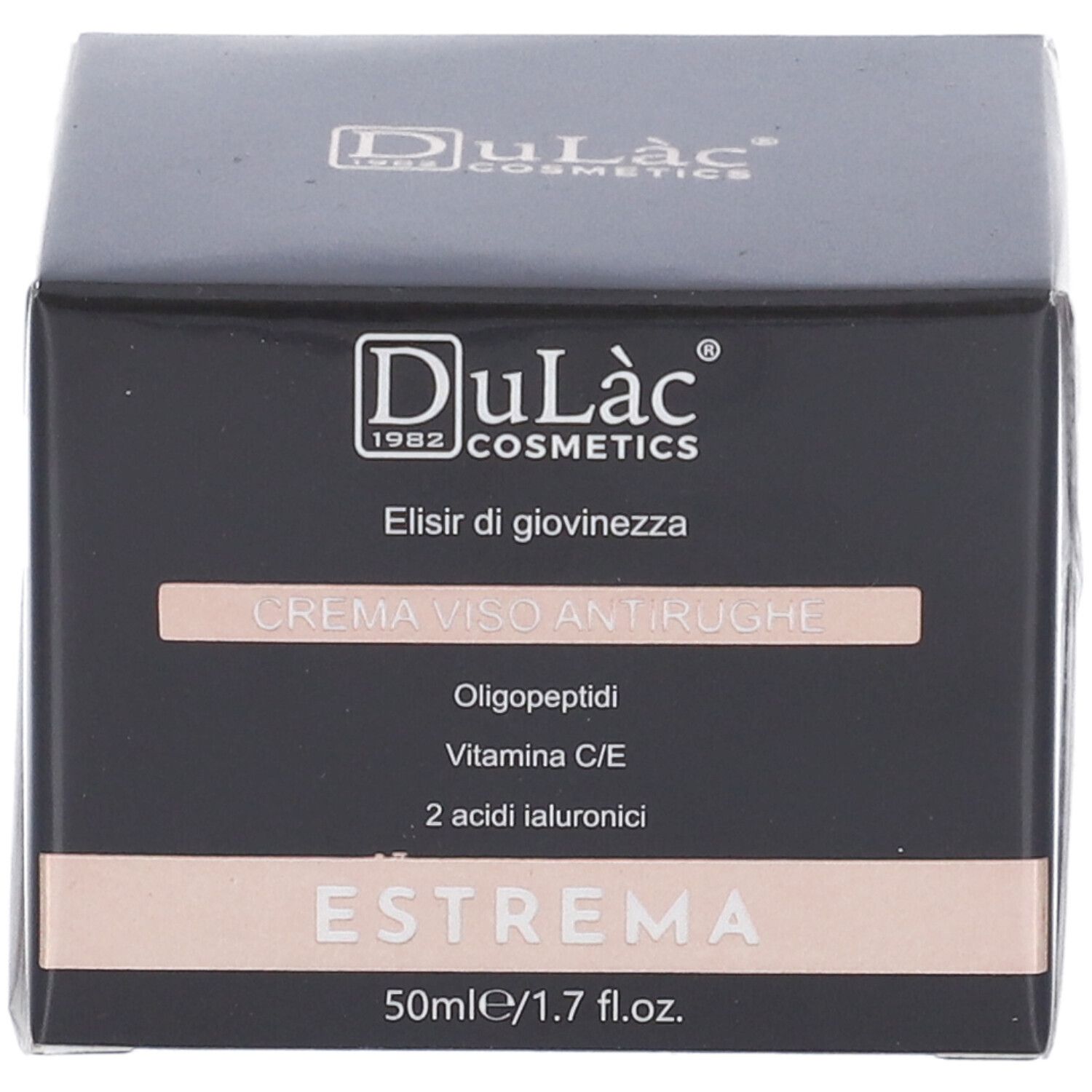 Confezione nera Dulac Farmaceutici. Scritta: Crema Viso Antirughe, Oligopeptidi, Vitamina C/E, 2 ac. ialuronici. 50ml/1.7 fl.oz.