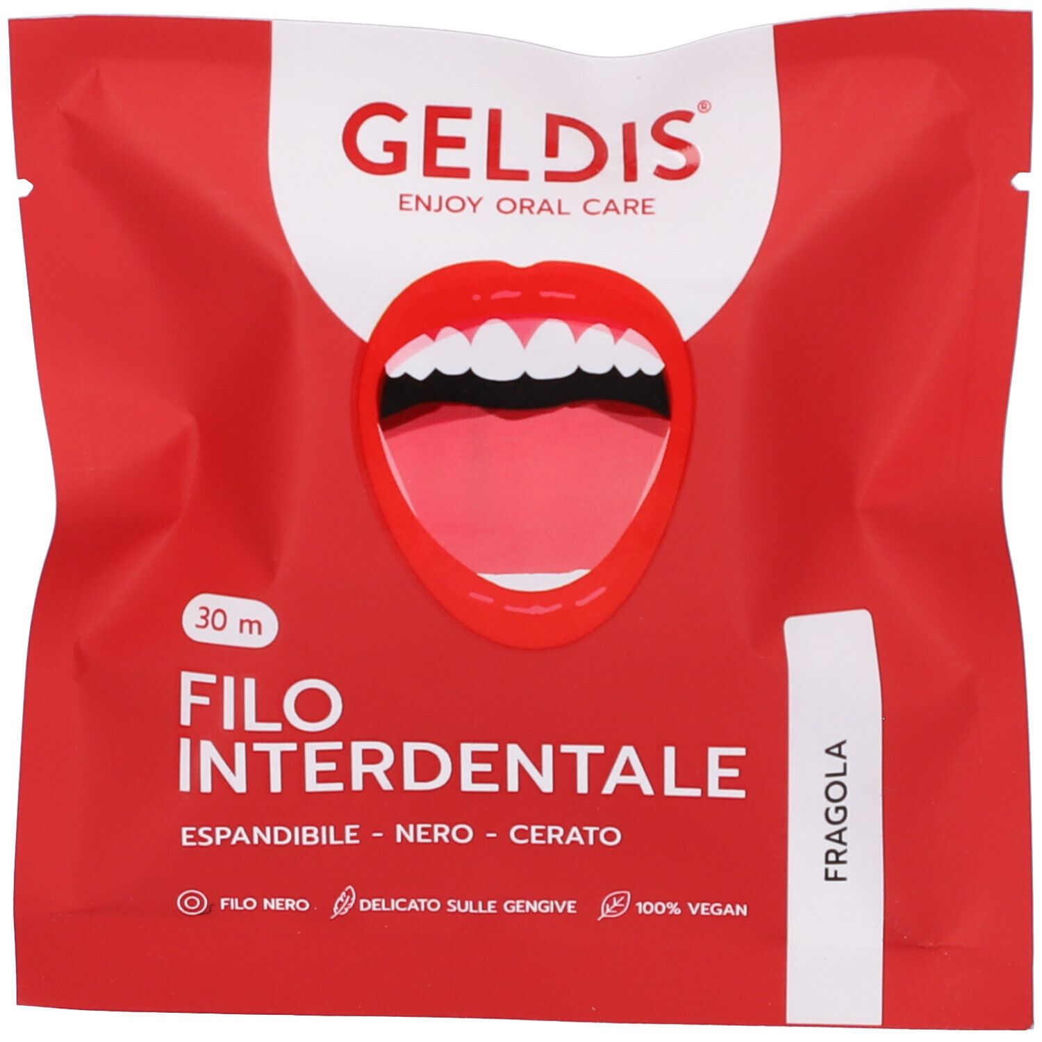 Confezione rossa con logo e nome del prodotto. Scritto: Filo Interdentale, Fragola. Expandible, nero, cerato.
