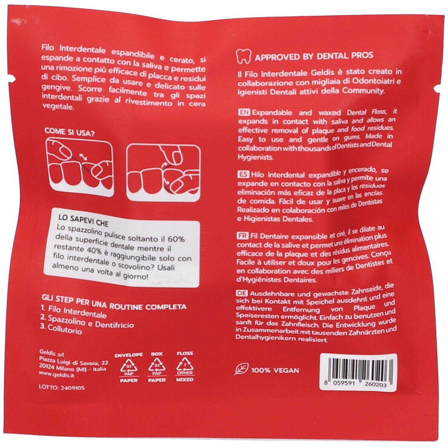 Retro della confezione. Testo multilingue. Informazioni sul prodotto e sull'uso.