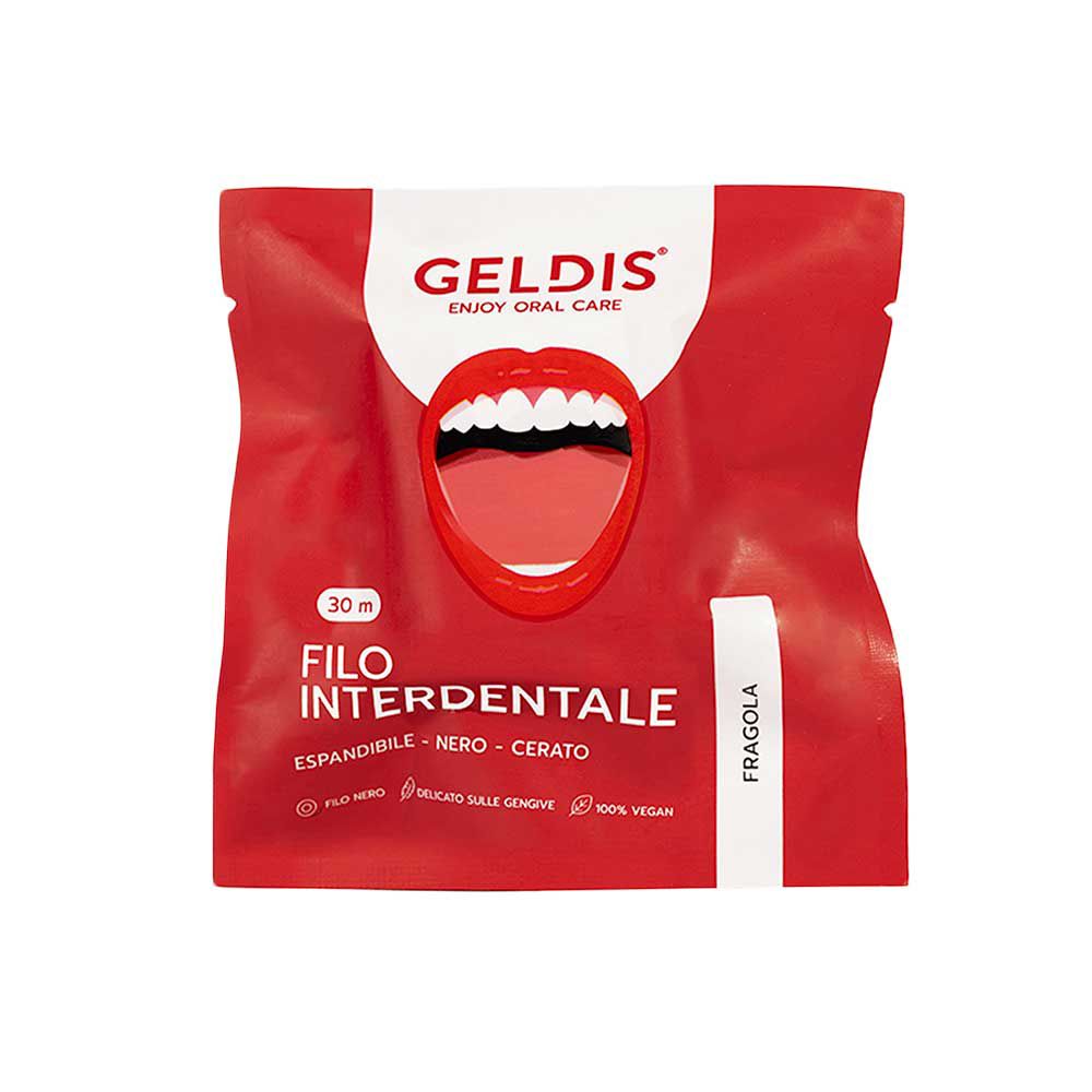 Confezione rossa con logo e nome del prodotto. Scritto: Filo Interdentale, Fragola. Expandible, nero, cerato.