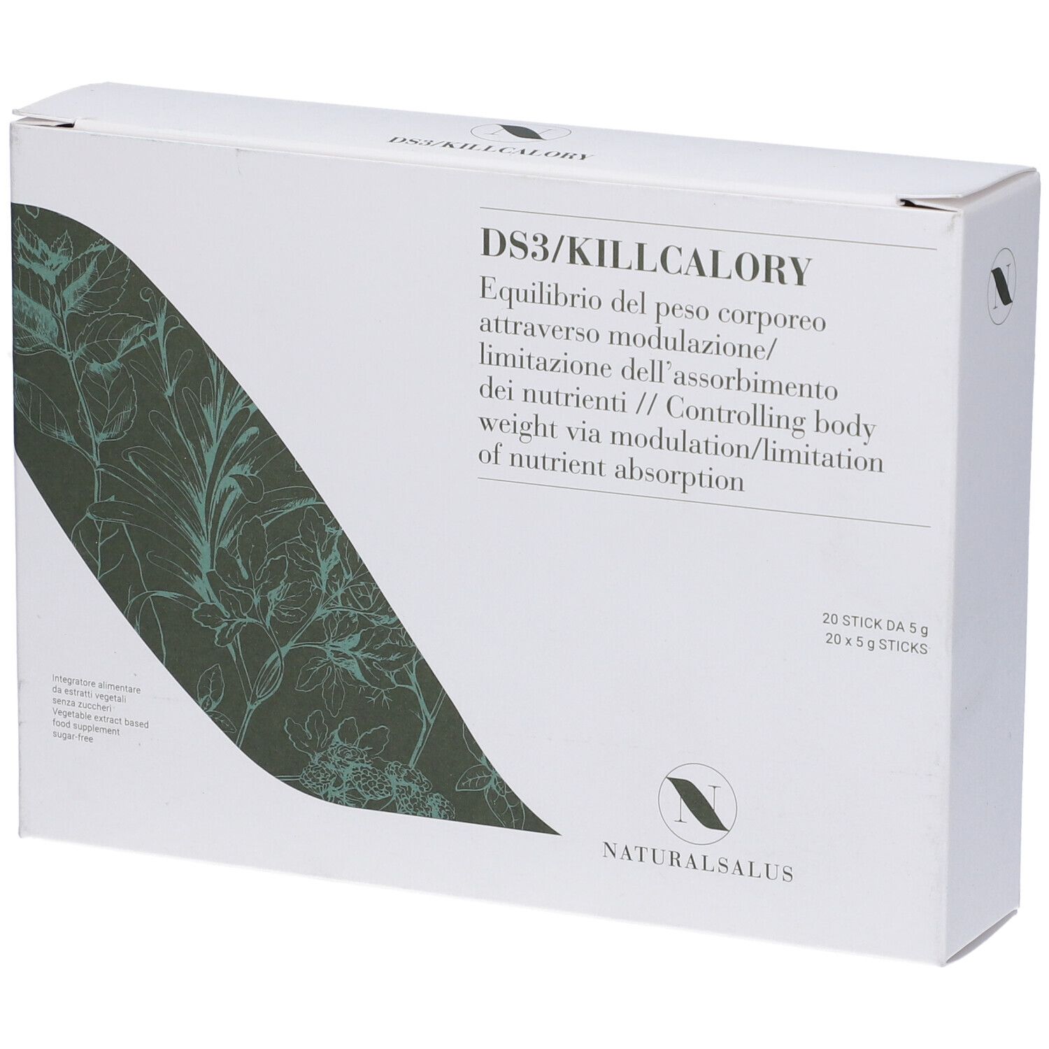 Scatola bianca con scritta DS3/KILLCALORY. Testo in italiano. 20 stick. Marchio NATURAL SALUS. Grafica verde e bianca.