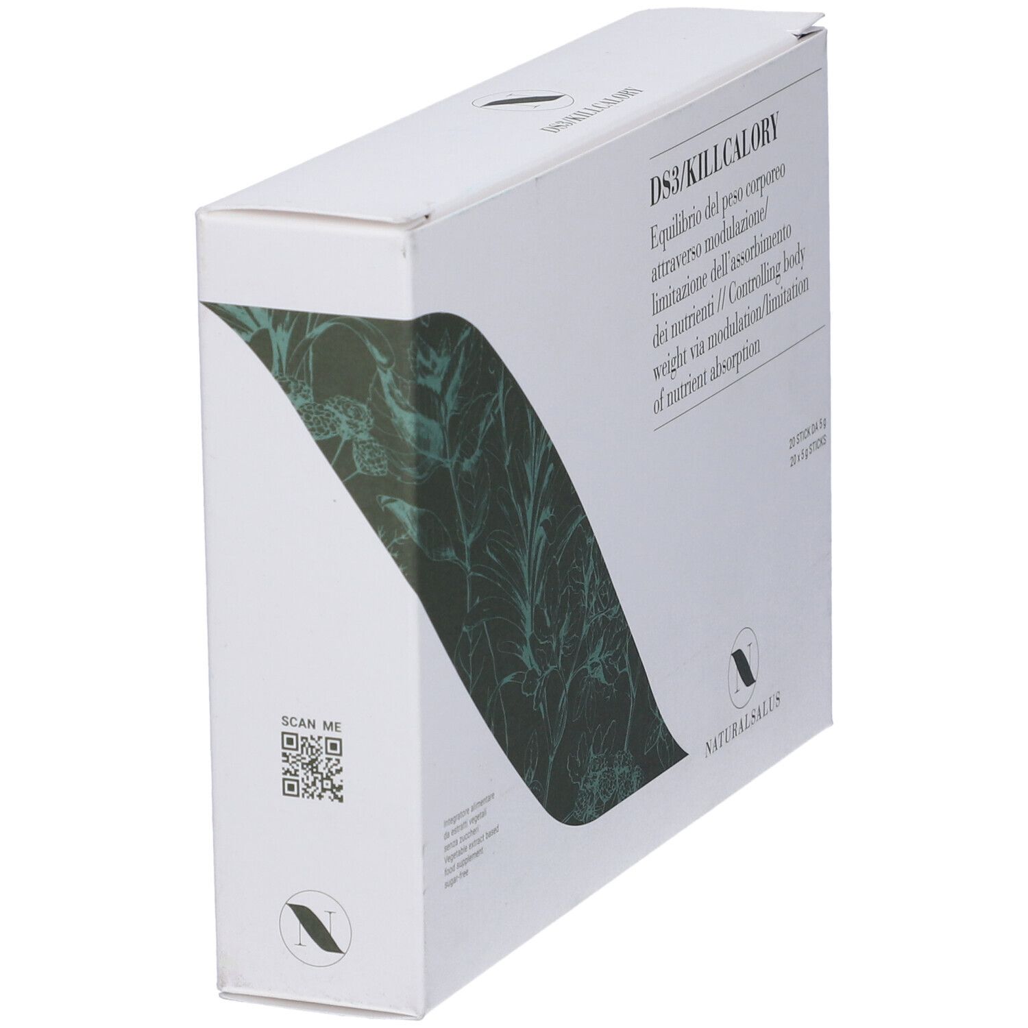 Scatola bianca con scritta DS3/KILLCALORY. Testo in italiano. Marchio NATURAL SALUS. Grafica verde e bianca. Codice QR.