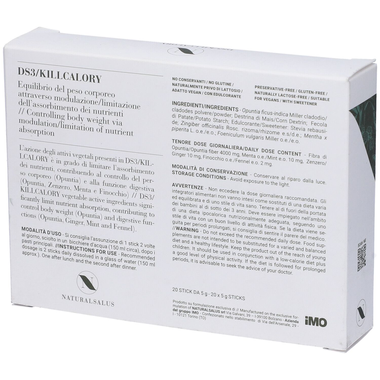 Scatola bianca con scritta DS3/KILLCALORY. Testo in italiano. 20 stick. Marchio NATURAL SALUS. Elenco ingredienti.
