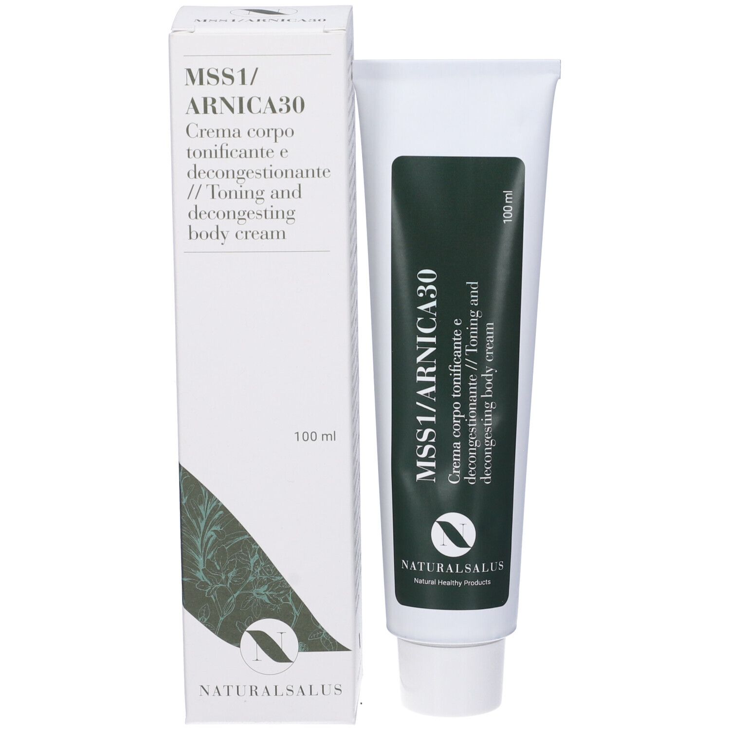 Prodotto e confezione. Scatola e tubo bianchi. Testo: MSS1/ARNICA30, crema, 100 ml. Logo: Natural Salus.