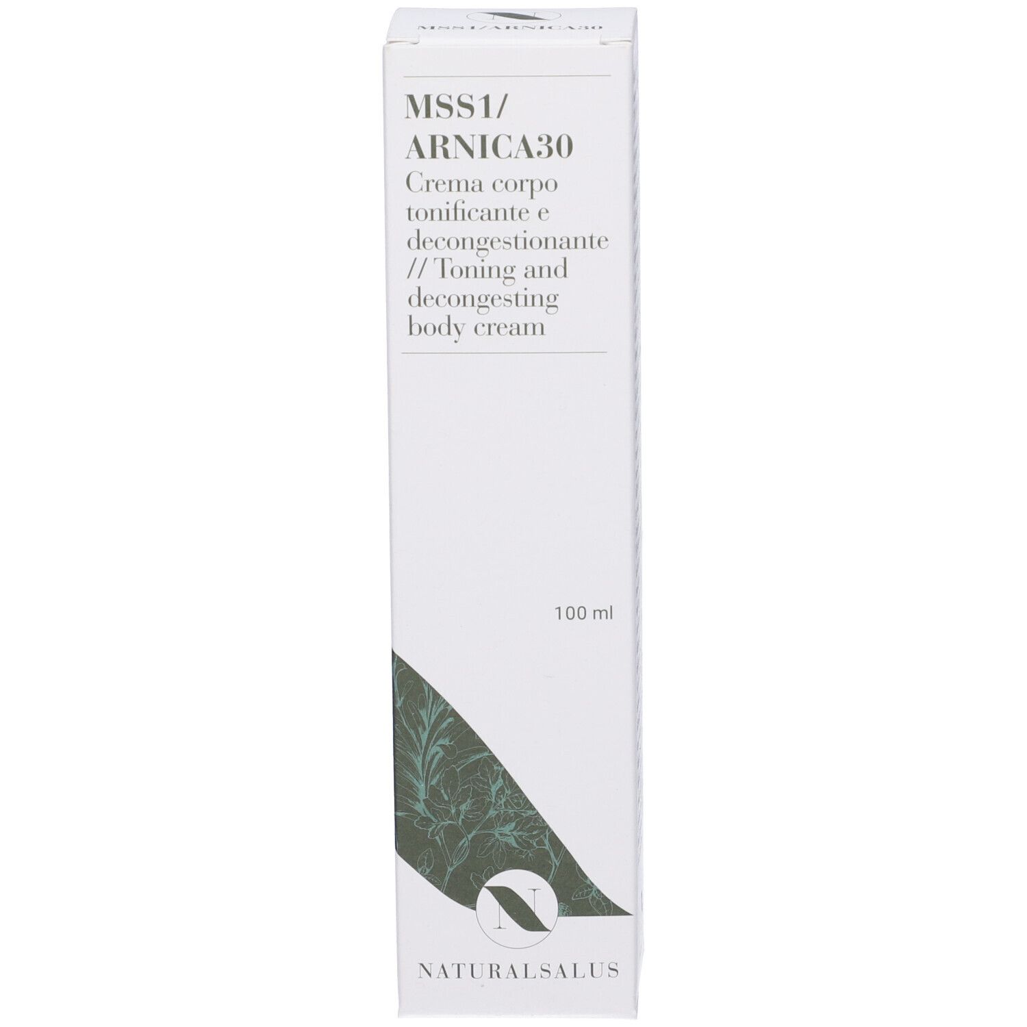 Scatola bianca. Testo: MSS1/ARNICA30, crema, 100 ml. Logo: Natural Salus.
