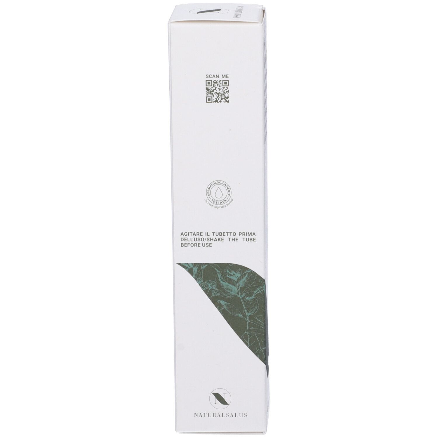 Scatola bianca. Codice QR, logo: Natural Salus. Testo: Agitare prima dell'uso.