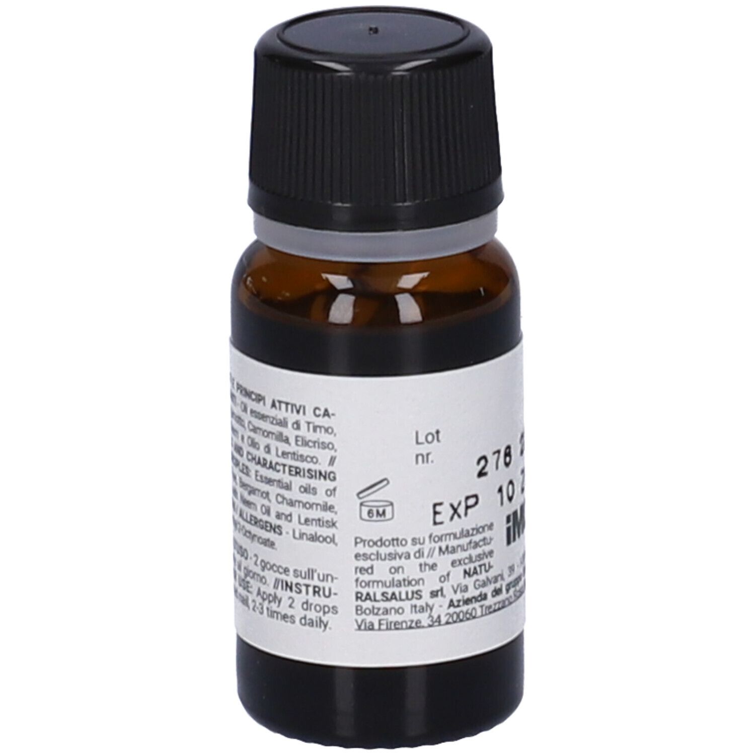 Flacone di vetro marrone con tappo nero. Etichetta con testo. Dettagli ingredienti e uso.