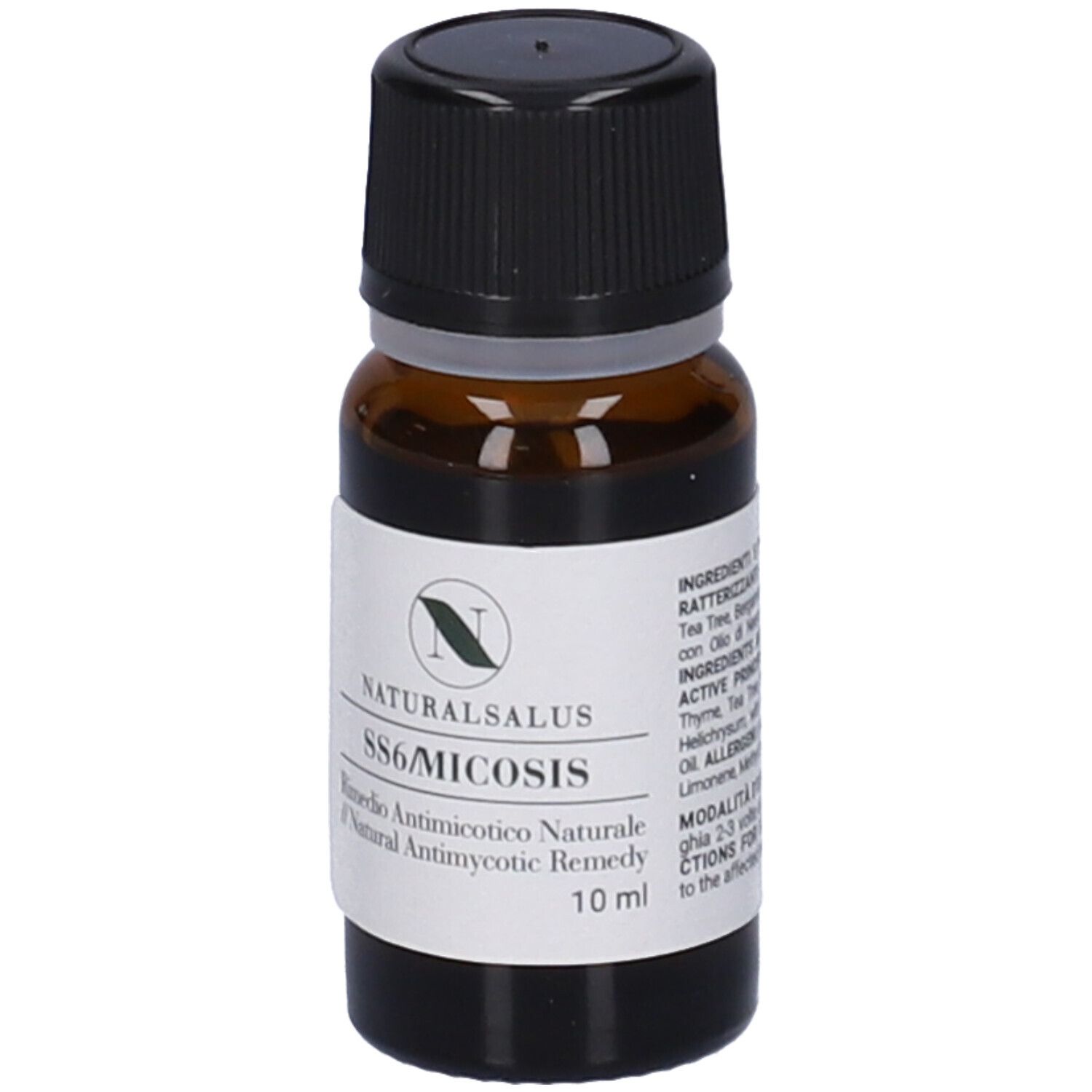 Flacone di vetro marrone con tappo nero. Etichetta con testo: NATURALSALUS, SS6/MICOSIS, 10 ml.