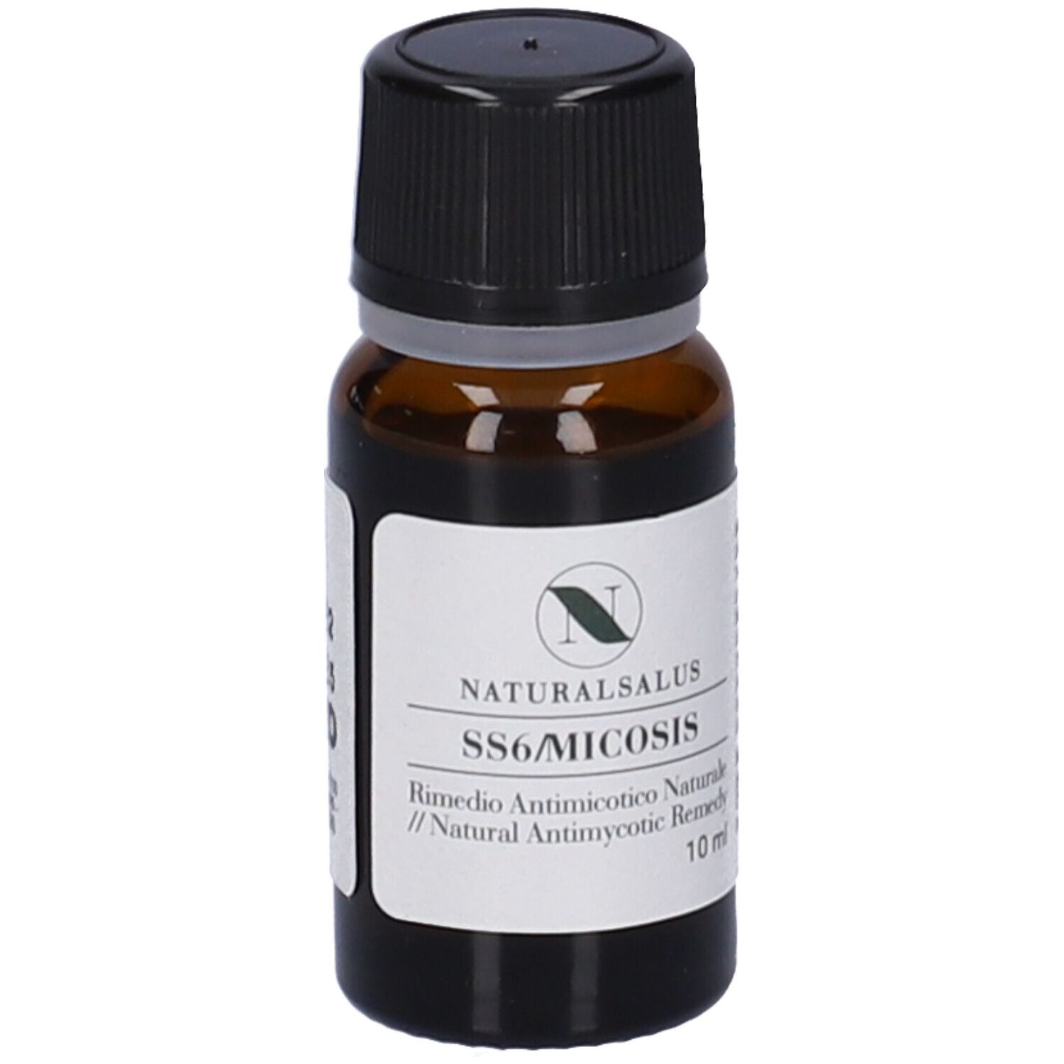 Flacone di vetro marrone con tappo nero. Etichetta con testo: NATURALSALUS, SS6/MICOSIS, 10 ml.