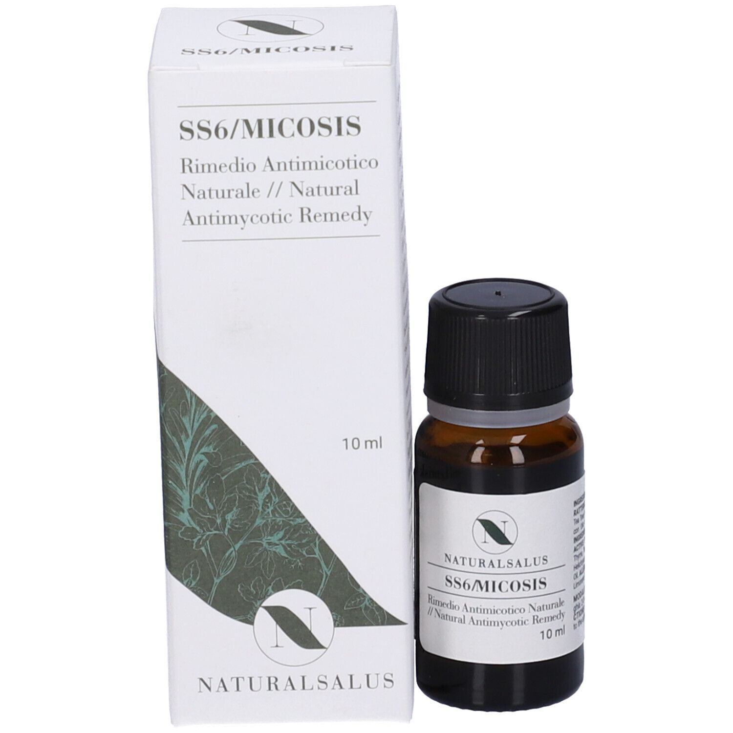 Flacone e confezione del prodotto. Scatola bianca con testo: SS6/MICOSIS, 10 ml. Flacone con tappo nero.