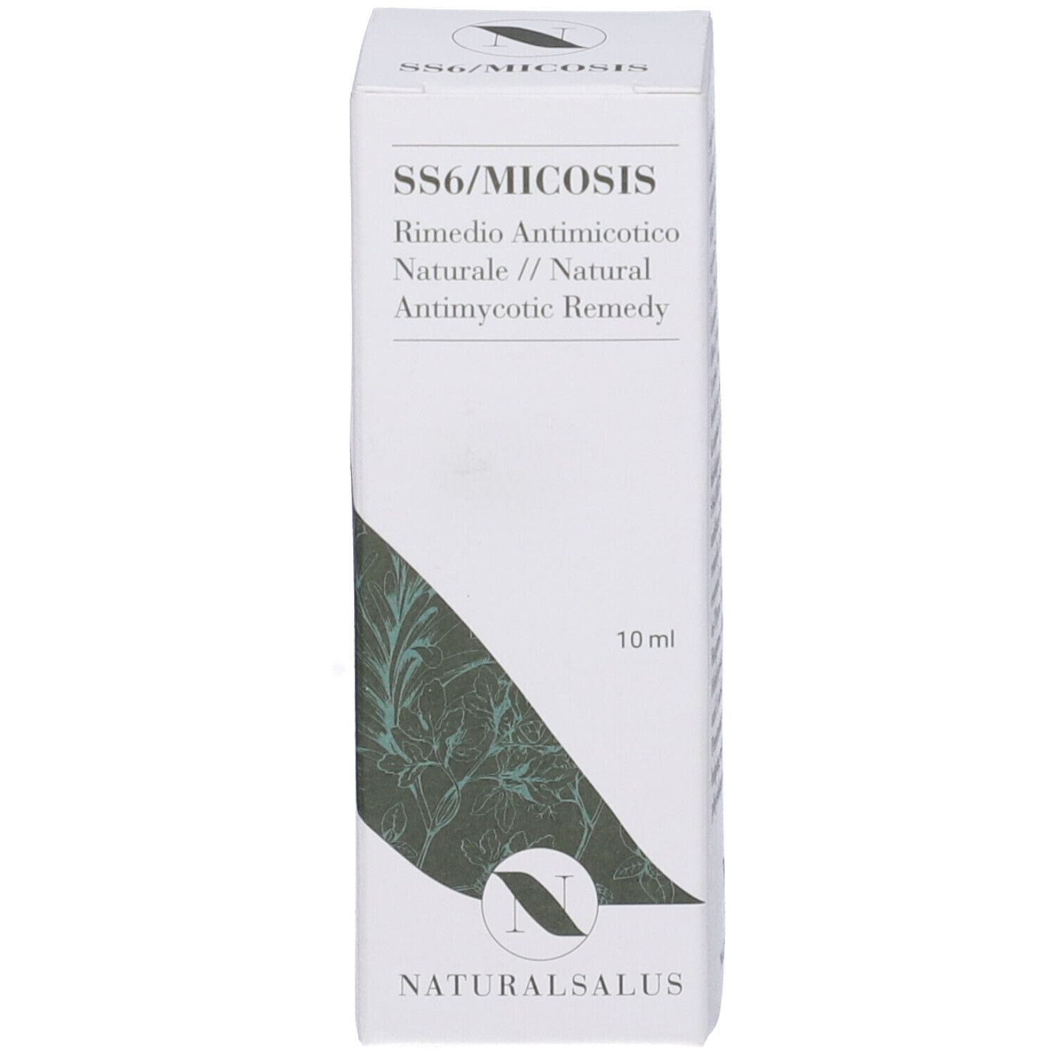 Confezione bianca con testo: SS6/MICOSIS, 10 ml. Logo NATURALSALUS. Illustrazione di foglie.