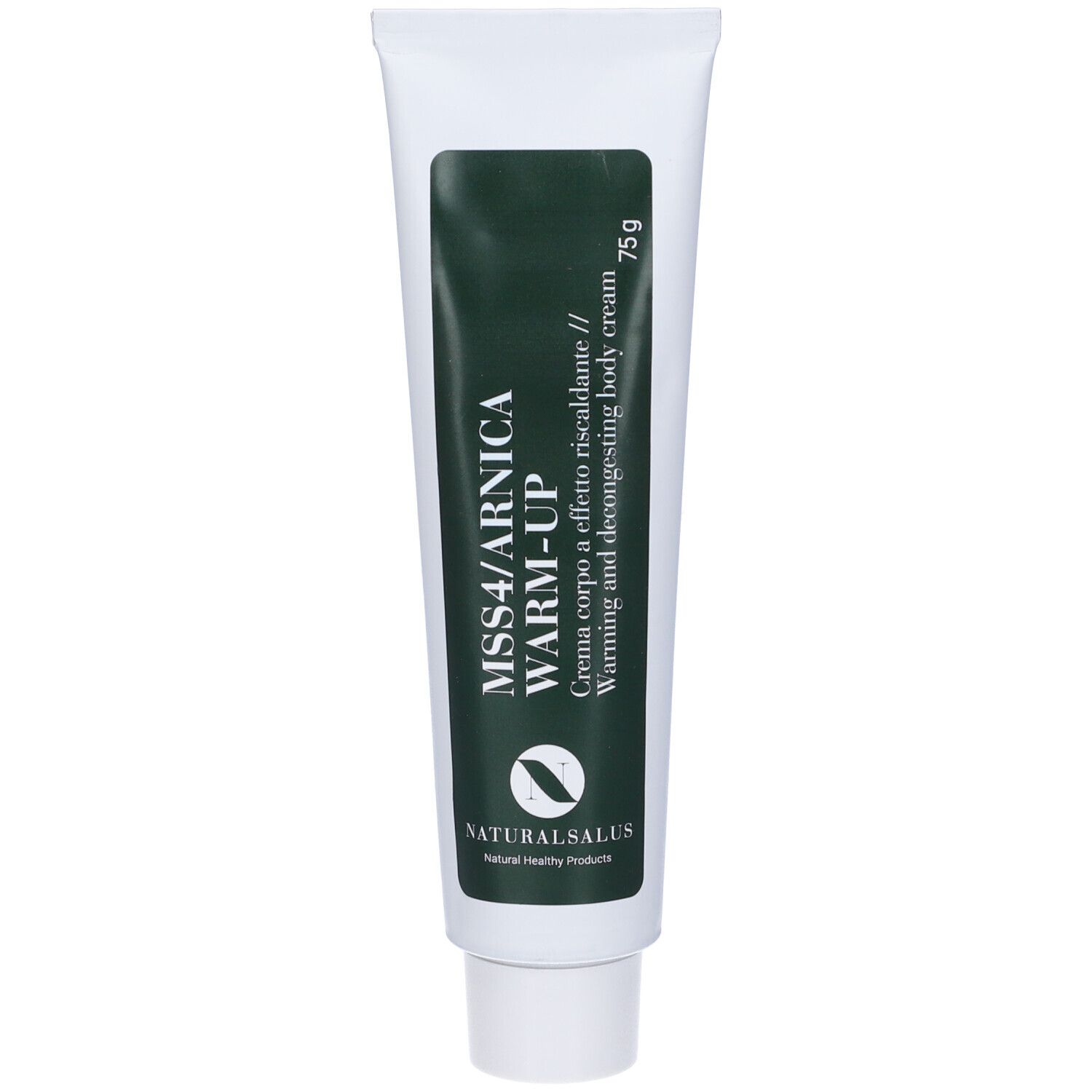 Tubo bianco con etichetta verde. Scritta: MSS4/Arnica Warm-Up. Logo: NaturalSalus. Contenuto: 75g.