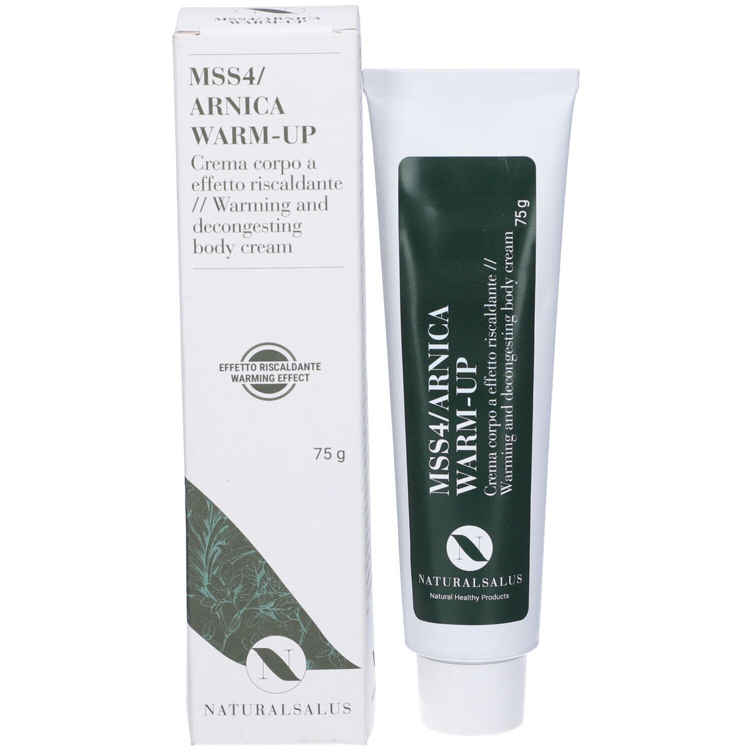 Tubo e scatola di crema. Scritta: MSS4/Arnica Warm-Up. Confezione verde e bianca. Logo: NaturalSalus.