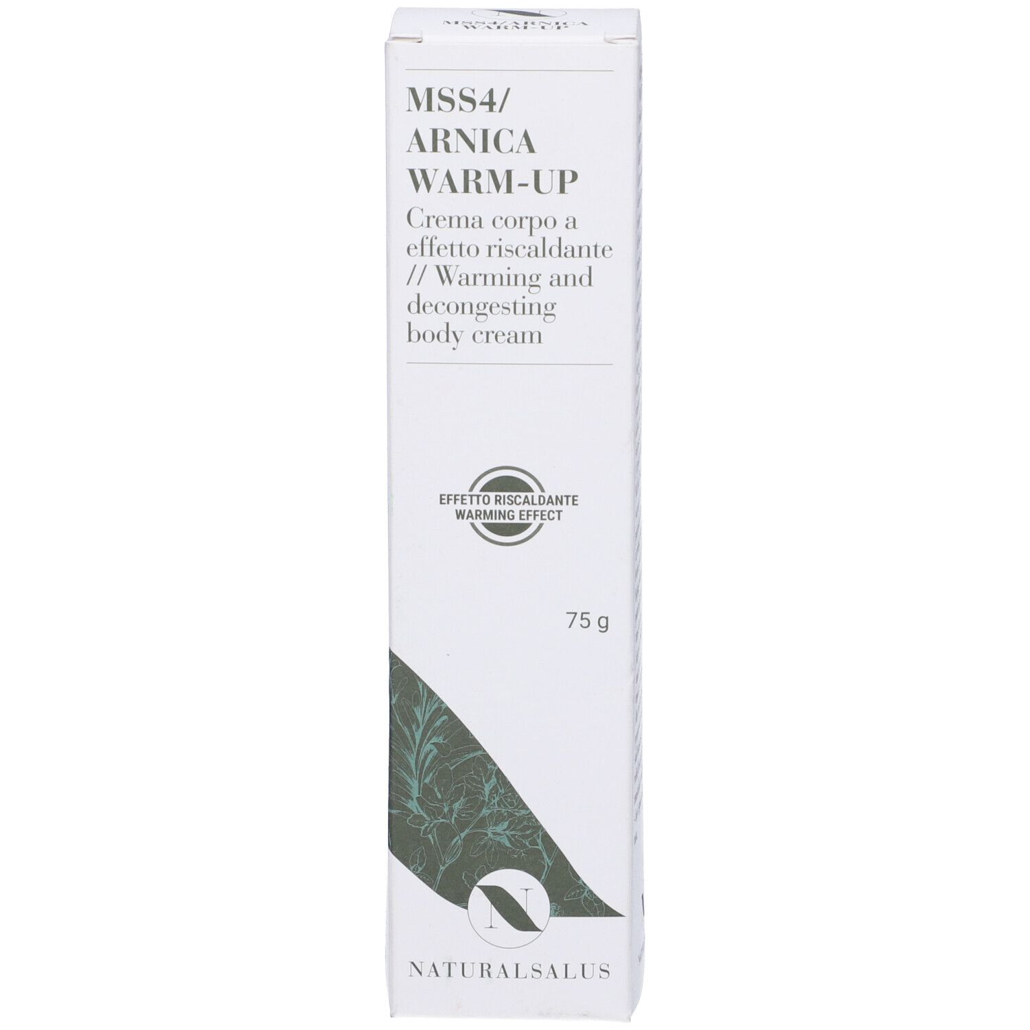 Scatola. Scritta: MSS4/Arnica Warm-Up. Confezione verde e bianca. Logo: NaturalSalus. Contenuto: 75g.