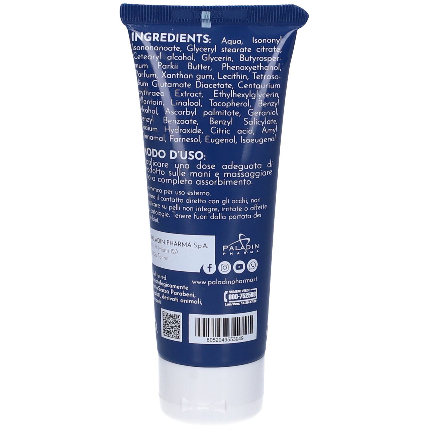 Retro del tubo blu. Testo con ingredienti e istruzioni per l'uso. Logo Paladin Pharma.