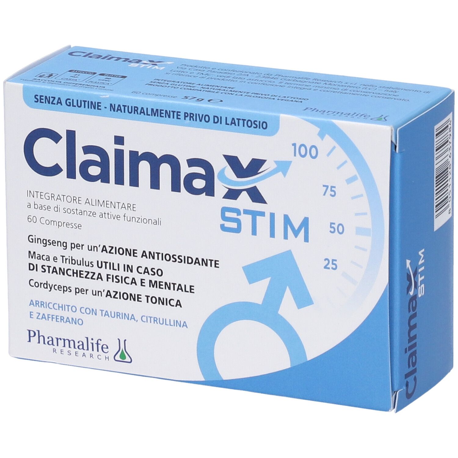 Scatola blu e bianca Claimax STIM Compresse. Testo: 'Integratore alimentare'. Contiene 60 compresse. Ingredienti e logo.