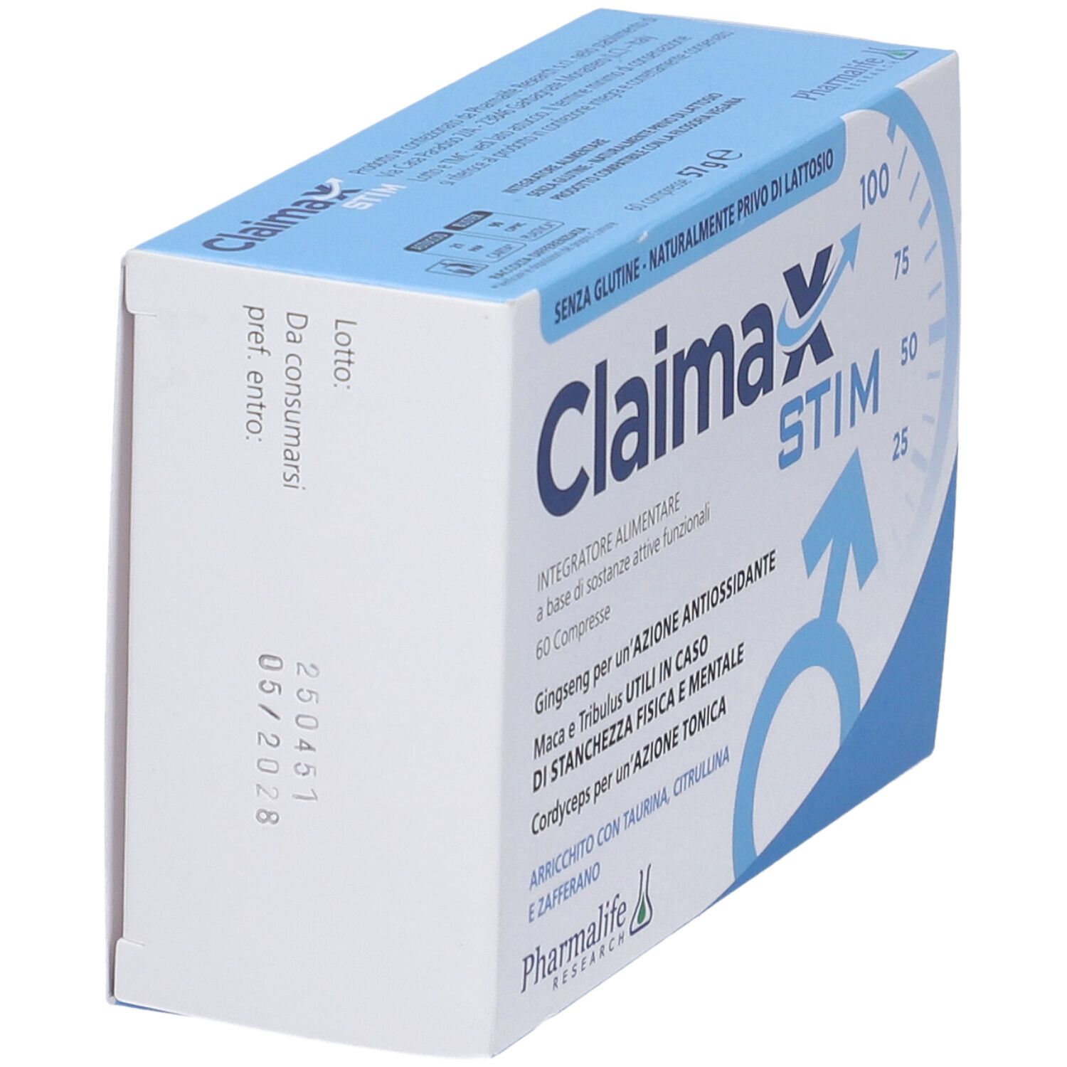 Scatola Claimax STIM Compresse, vista obliqua. Confezione blu e bianca. Testo e logo visibili. Contiene 60 compresse.