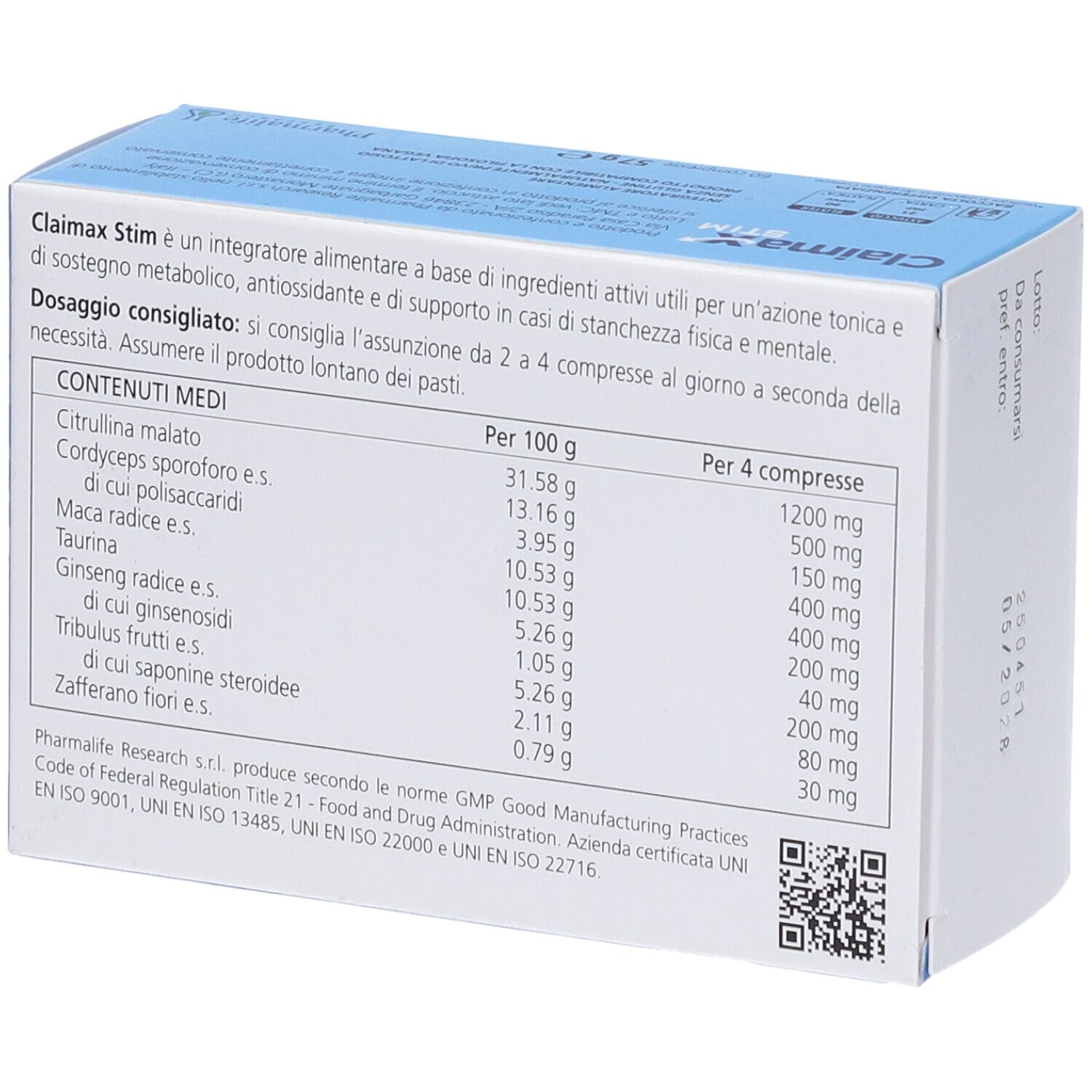 Retro della scatola Claimax STIM Compresse. Ingredienti e dosaggio. Codice QR e certificazioni.