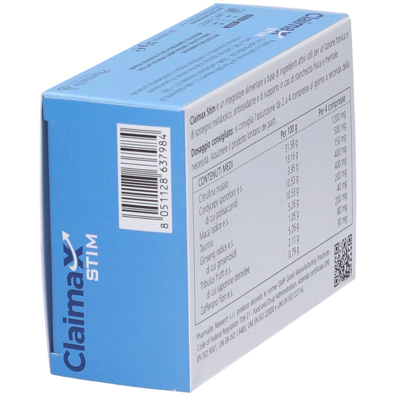 Scatola Claimax STIM Compresse, in diagonale. Retro con ingredienti e dosaggio. Codice QR e certificazioni.