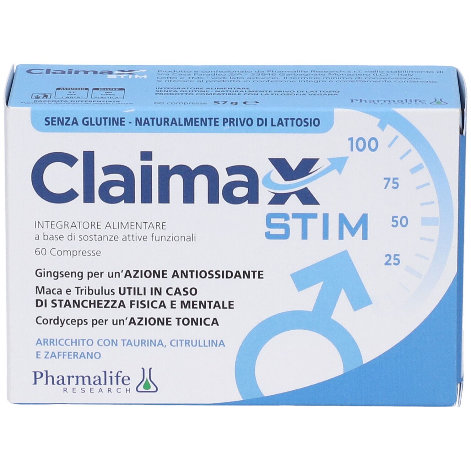 Scatola Claimax STIM Compresse. Confezione blu e bianca. Contiene 60 compresse. Nome e logo del prodotto ben visibili.