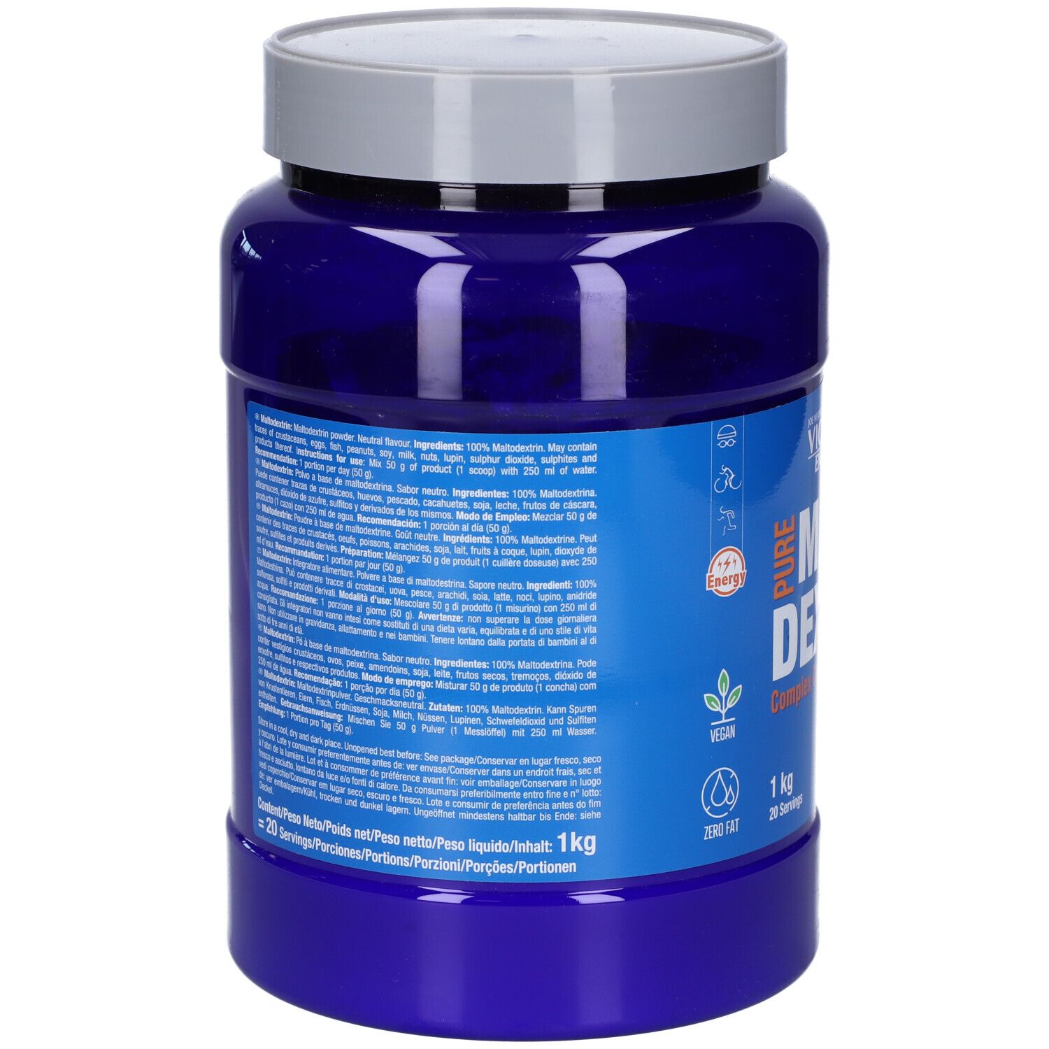 Retro del barattolo blu. Testo con informazioni nutrizionali e ingredienti. Sigillo vegano. 1 kg. 20 porzioni.