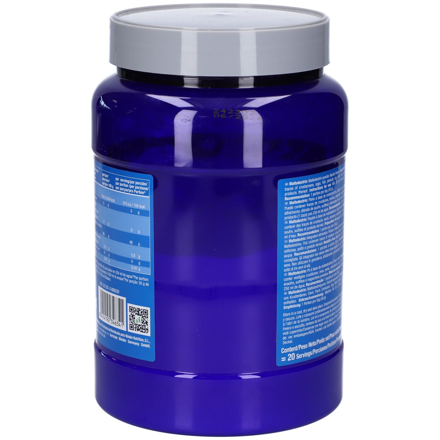 Retro del barattolo blu. Testo con informazioni nutrizionali. 20 porzioni. Codice QR.