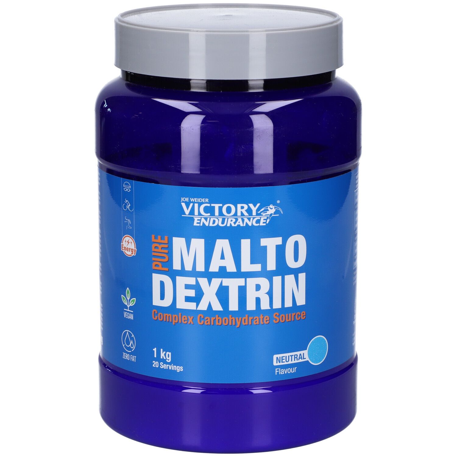 Barattolo blu con coperchio. Scritta: Victory Endurance Pure Maltodextrin. 1 kg, 20 porzioni. Gusto neutro.